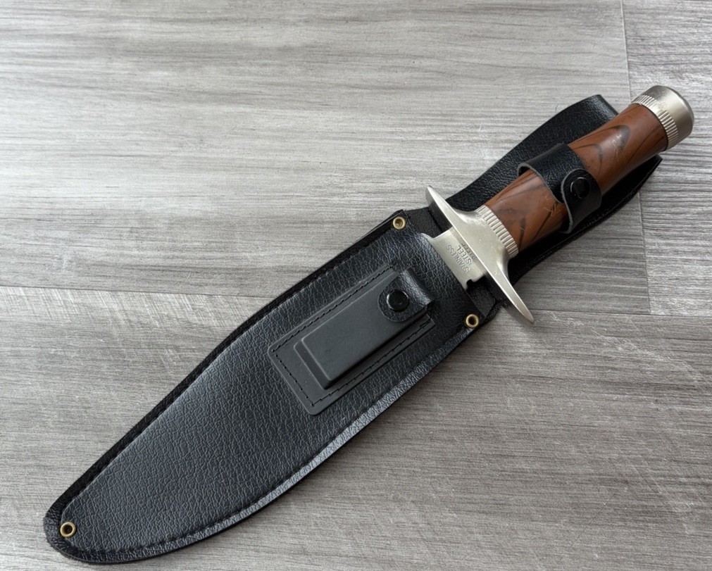 Vtg Survival Hunting Knife Stainless Steel Serrated Fixed Blade Compass Wood