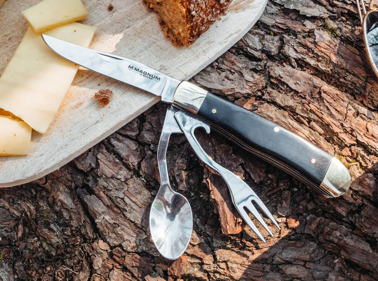 MAGNUM Bon Appetite 3.3″ Hobo Camping Knife 440A Spoon Fork Wood Handle 01LL209