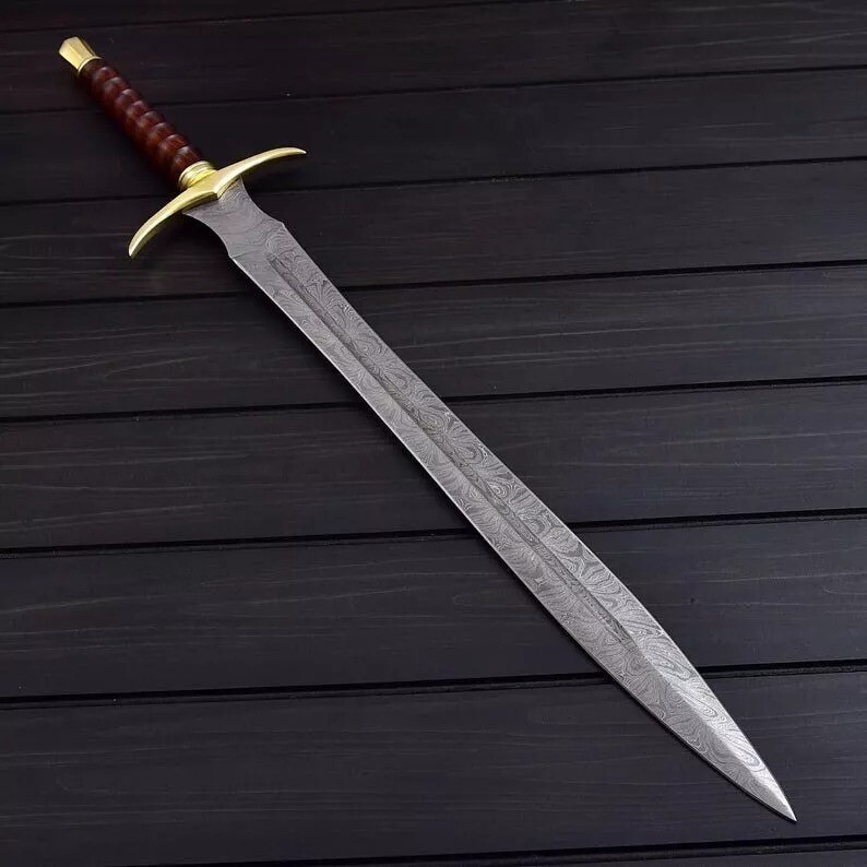 Custom Hand Made Damascus Steel Double Edge Sword With Leather Sheath Overall 32