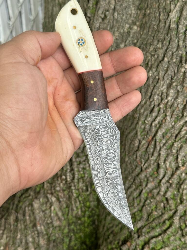 Custom Handmade Damascus Steel Hunting Skinning Knife Wood & Camel Bone Handle