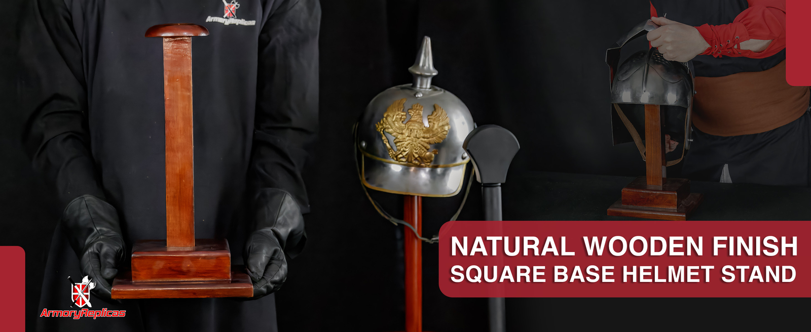 MANGO WOOD HELMET ARMOR STAND | HANDCRAFTED SQUARE BASE POLISHED WOOD DISPLAY