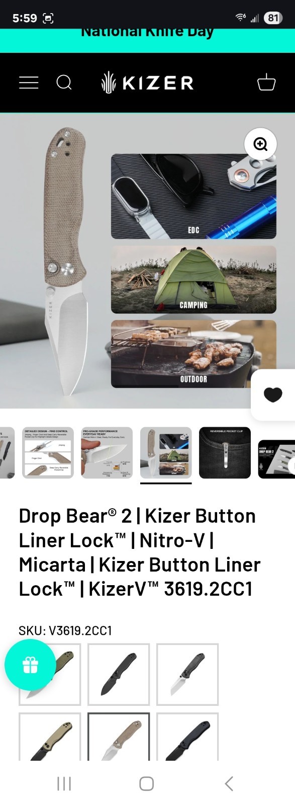 Kizer Drop Bear 2 Pocketknife Nitro-V Clip Point Plain Liner Lock Brown Micarta