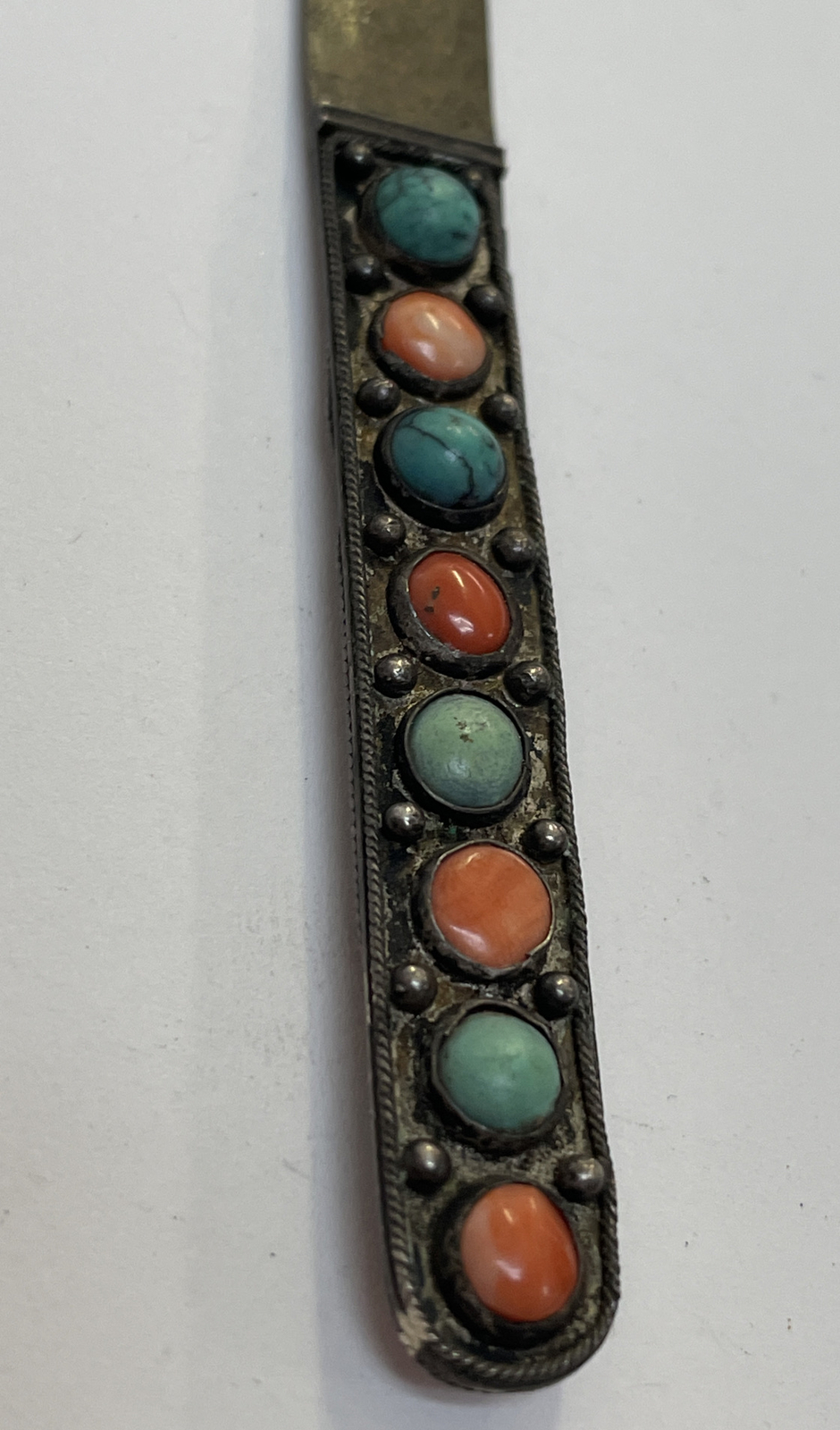 CHINA EXPORT LiU ANTIQUE TIBET SILVER CORAL TURQUOISE FIXED SINGLE BLADE KNIFE
