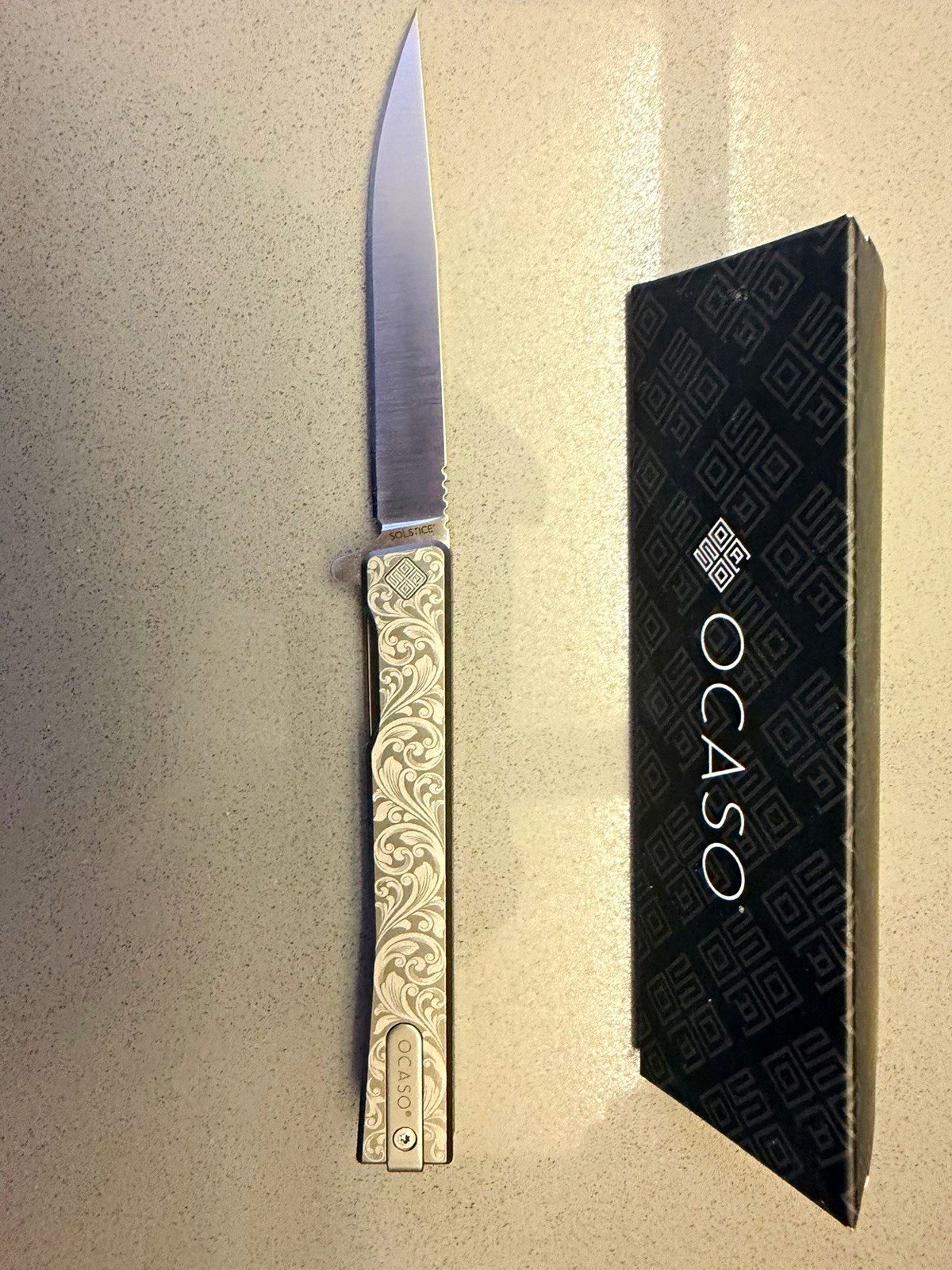 Ocaso Solstice Pocketknife Silver Metal Handle, SS Clip Point, Liner Lock