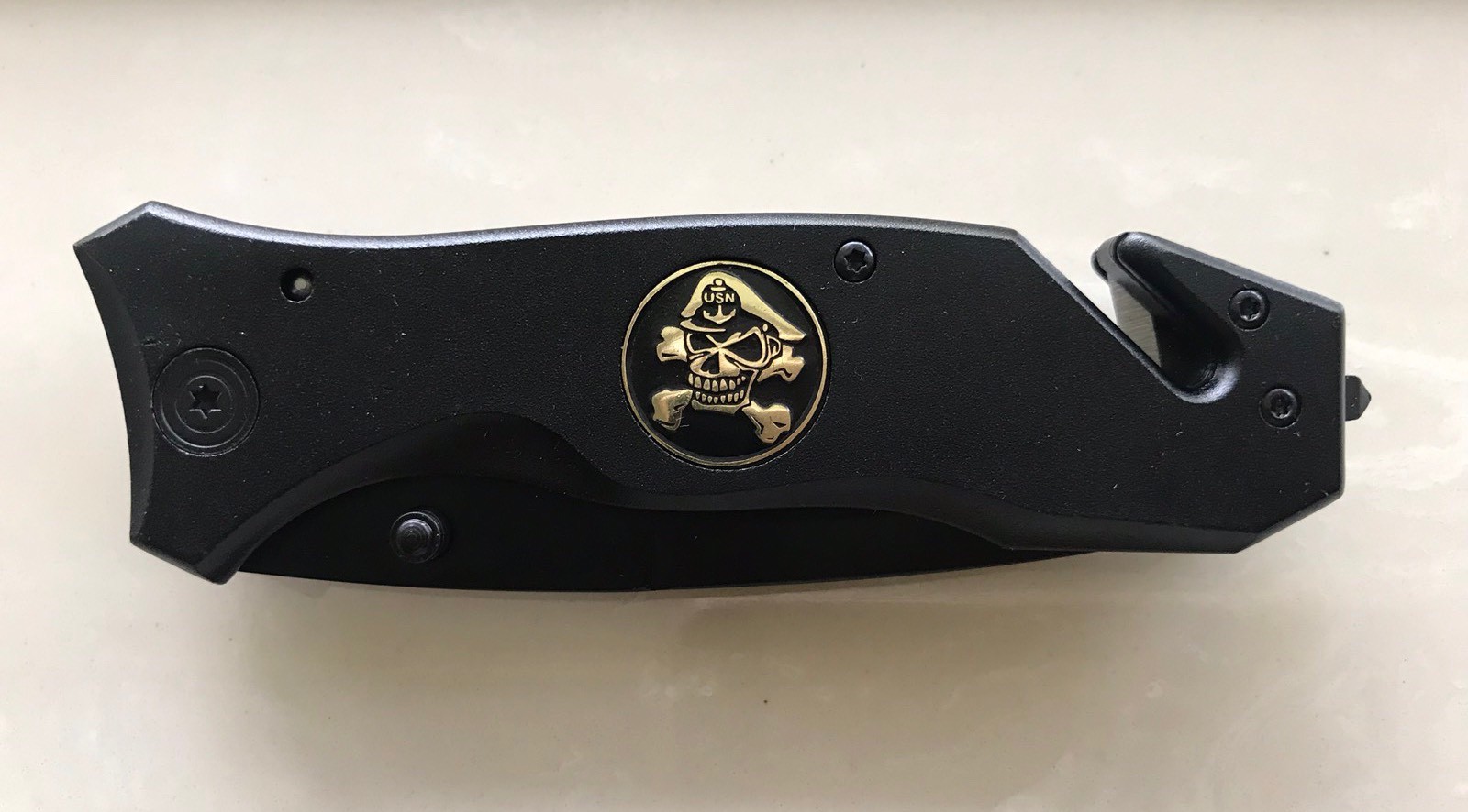 United States Military USN Black Blade Knife with Belt Clip