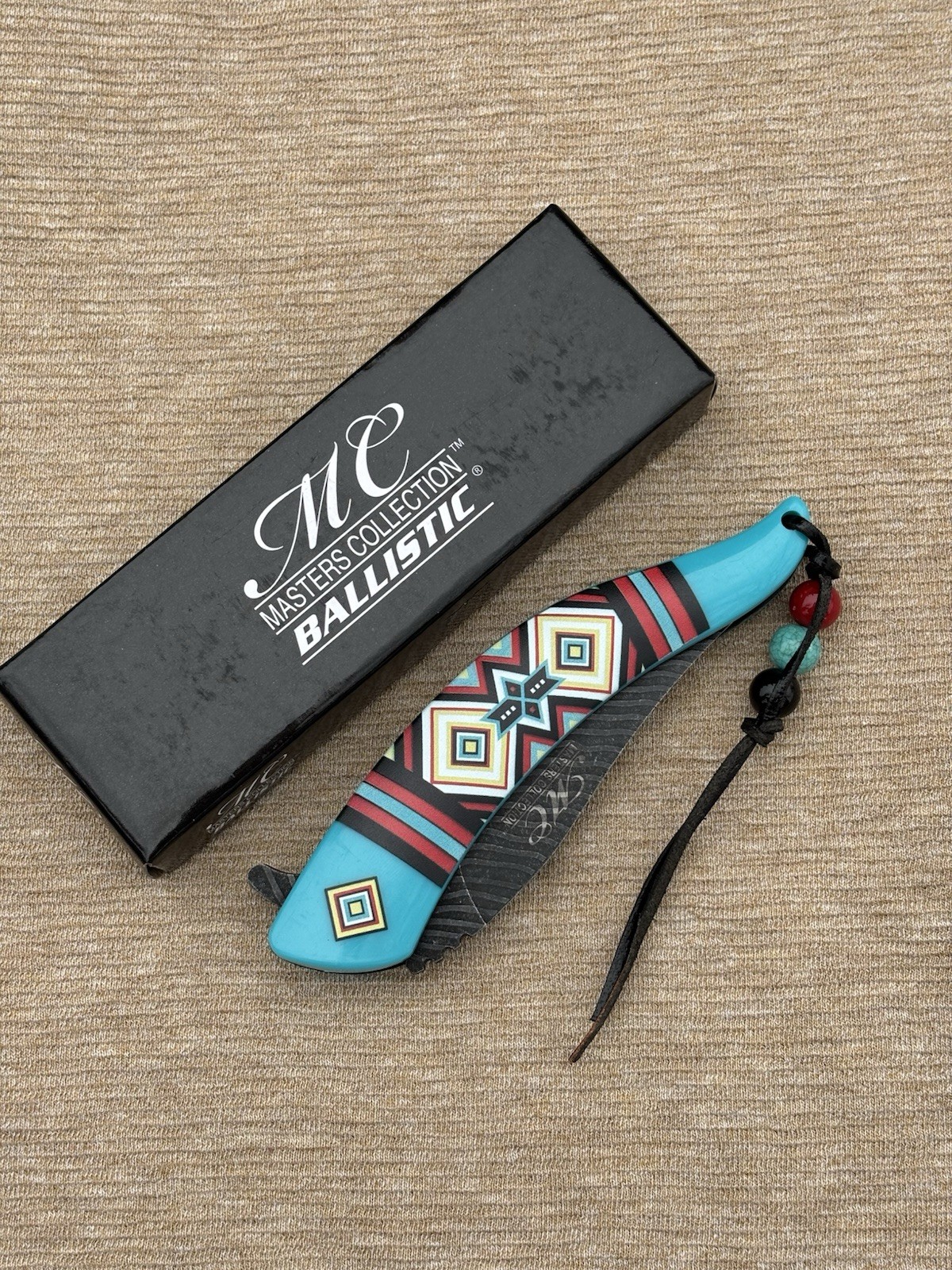 Western Style Pocket Knife Spring Assist Feather Navajo Blue Lanyard Beads