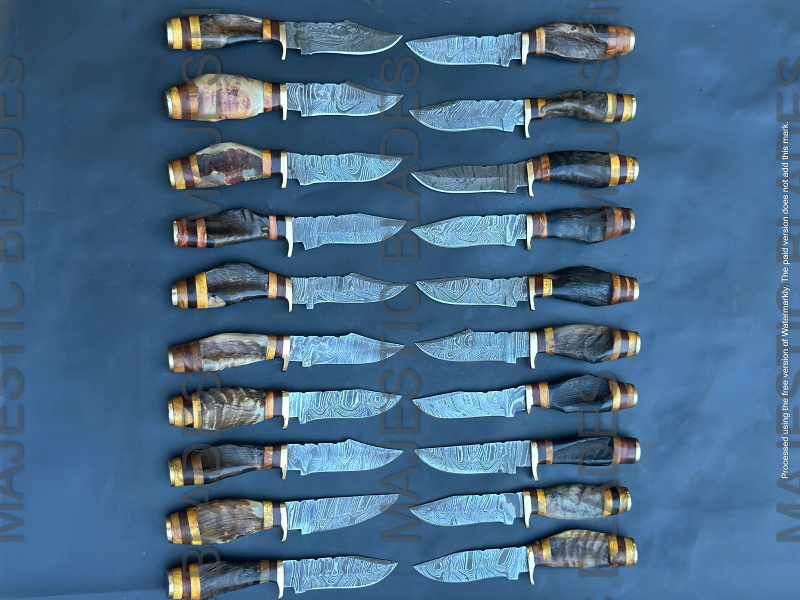 Lot of 20pc 8» Damascus Steel Skinning/Hunting Knife Ram Horn Handle W Sheath.