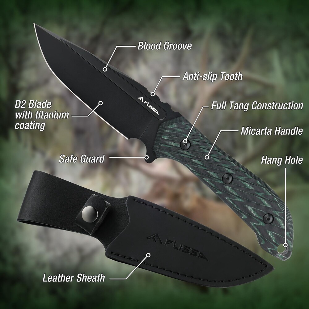 FLISSA 10″ Full Tang Hunting Knife withLeather Sheath Fixed Blade D2 Steel Knife