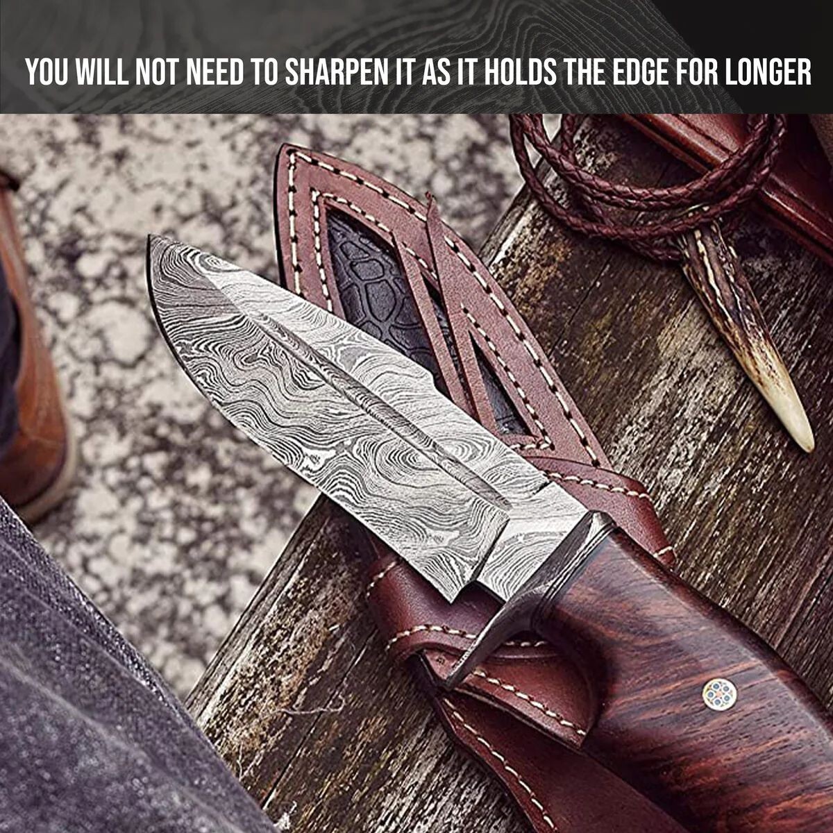 Custom Handmade Damascus Steel Bowie Hunting Knife Rose Wood Handle W/ Sheath
