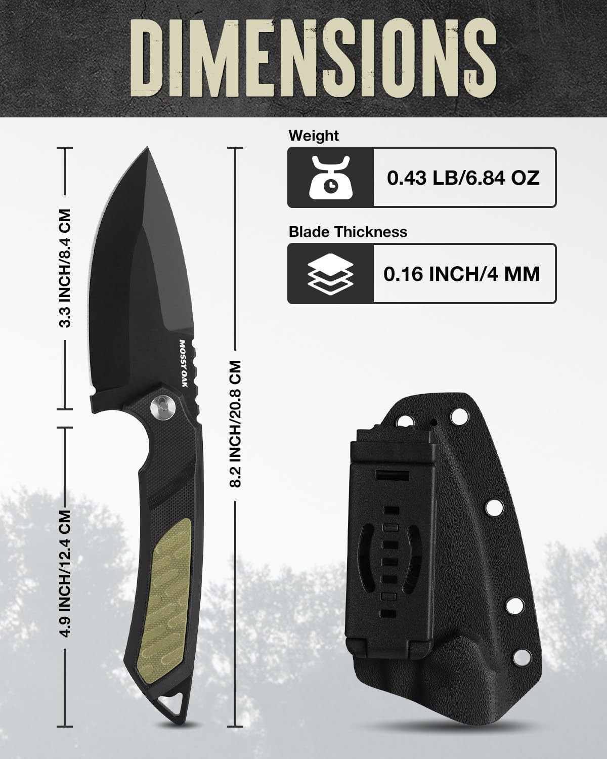 MOSSY OAK 8 Inch Fixed Blade Full Tang Survival Knife D2 Steel with Kydex Sheath