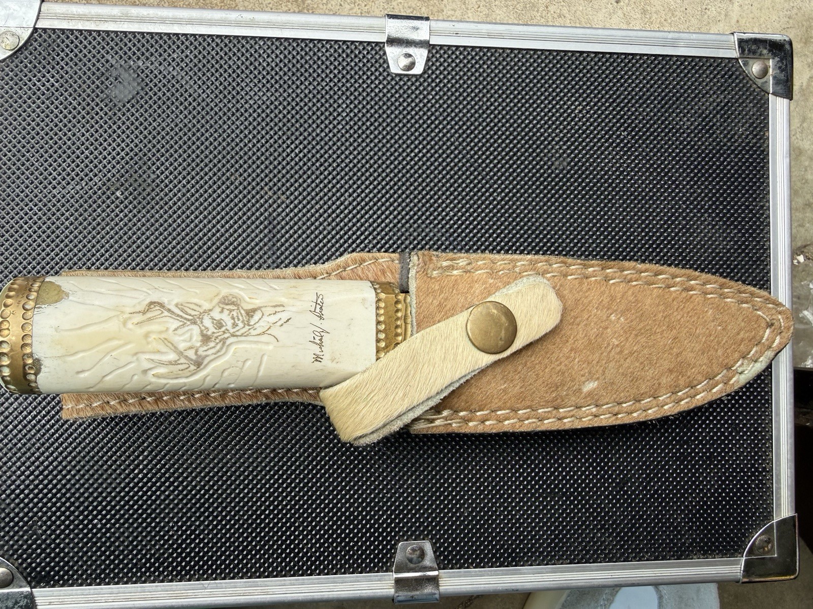 Michael J. Protes Signed series Hunting Knife Bone Handle Brass blade engraved