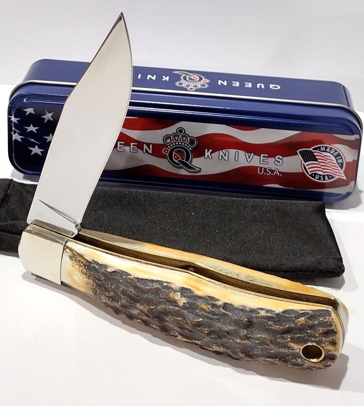 Queen USA Brown Burnt Stag Horn Handles Lockback Folding Pocket Knife QGSH106