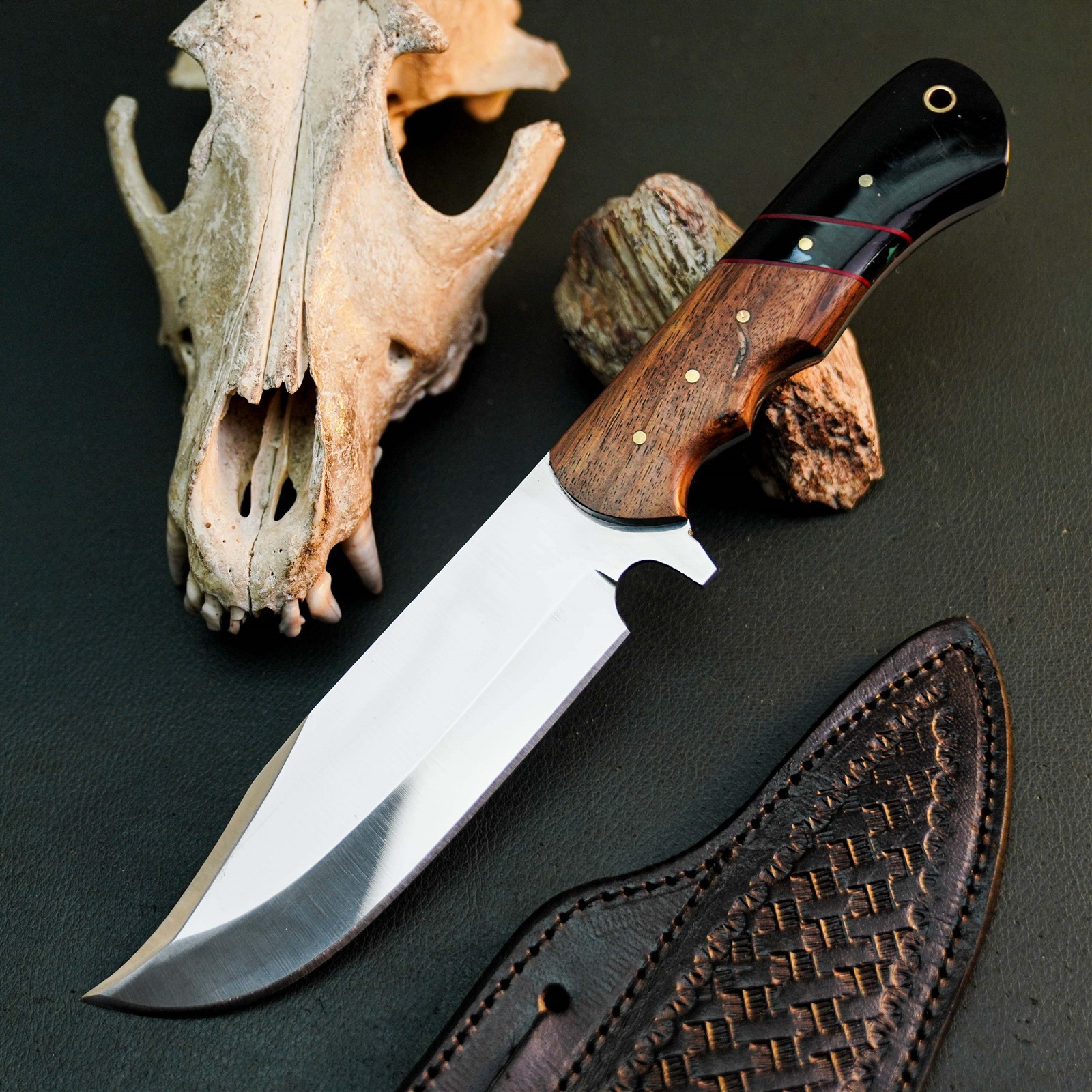 9.6″ Hunting EDC Stainless Knife Handmade Full Tang Wood Handle + Sheath
