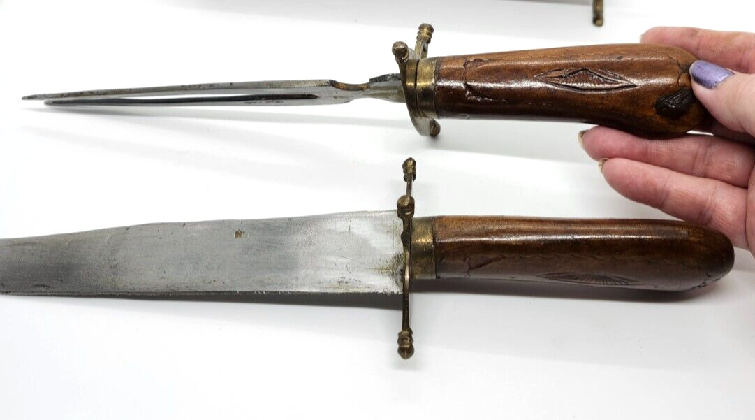 Decorative Knife Carving Set In Wooden Hand Carved & Brass Casing VTG India