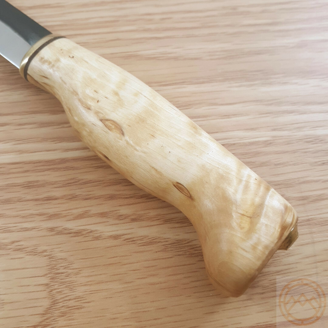 Wood Jewel Knife 3″ Carbon Steel Blade Curly Birch Handle w/Brown Leather Sheath