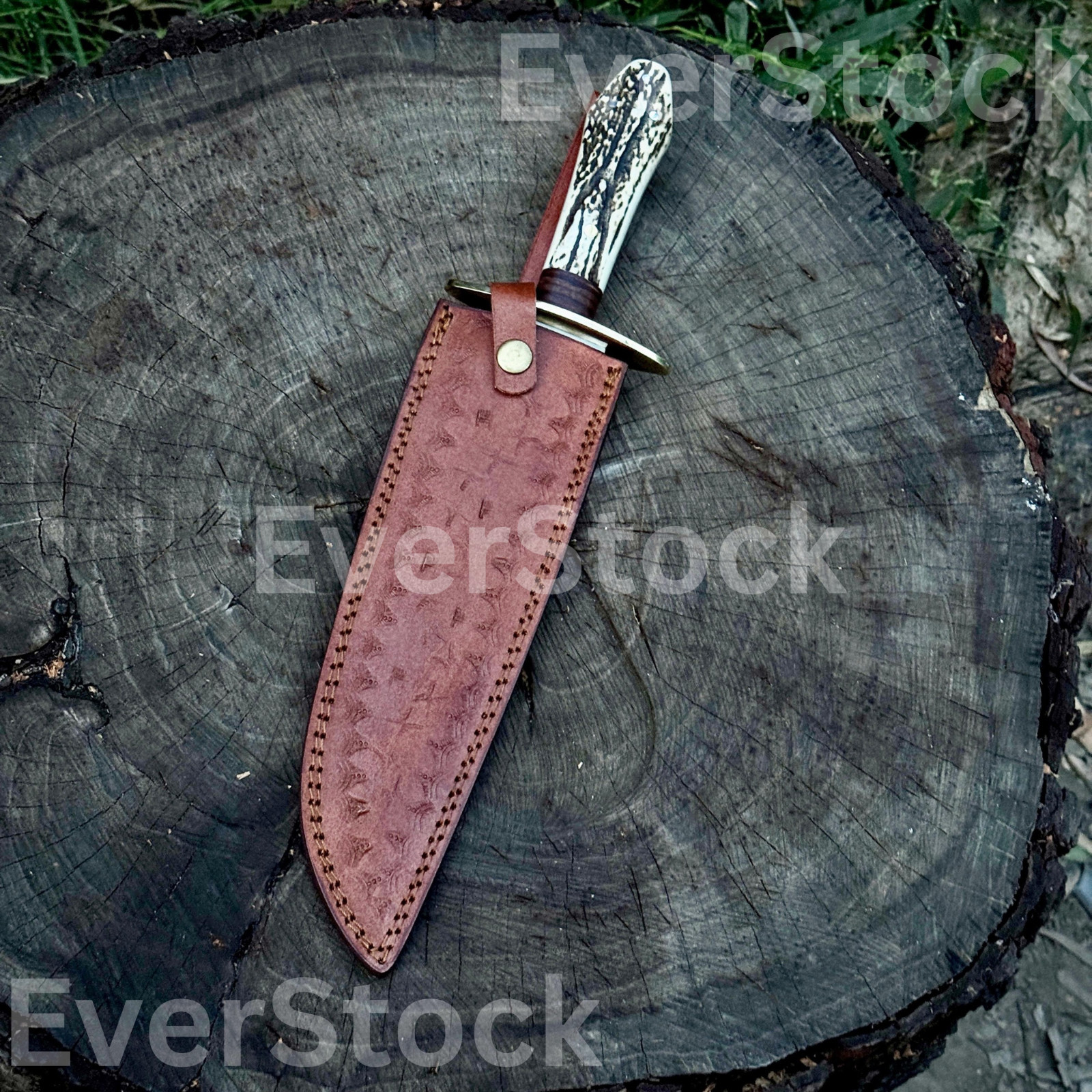 HANDMADE COFFIN HANDLE BOWIE HUNTING KNIFE WITH ANTLER HANDLE WITH LEATHER SHETH