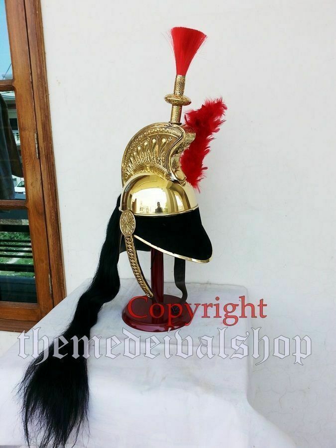 Brass French Cuirassier Officer’s Helmet Napoleon Style Helmet on Wooden Stand