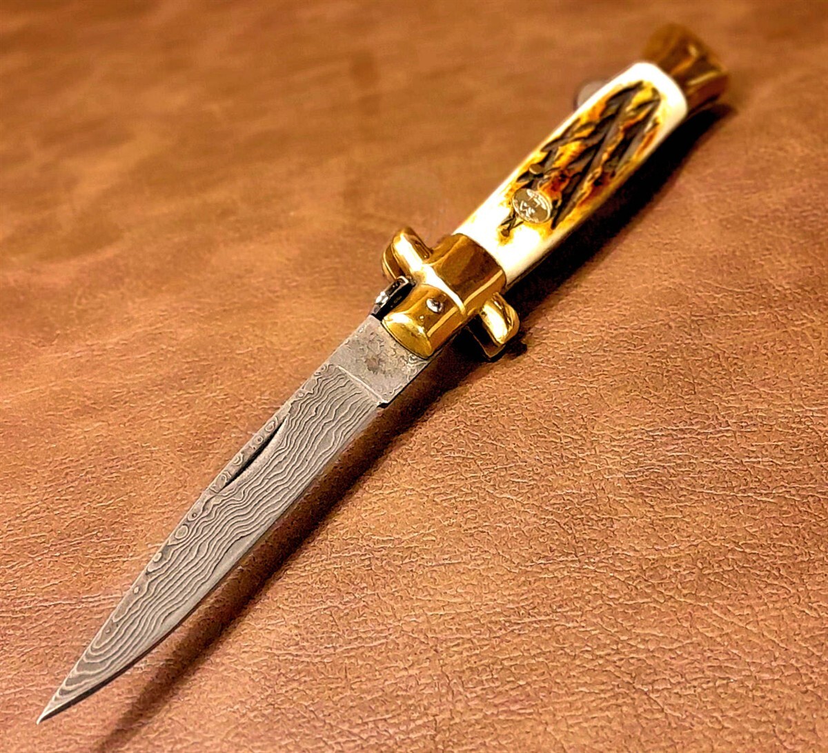 Kissing Crane Burnt Bone Real Damascus Stiletto Manual Folding Pocket Knife