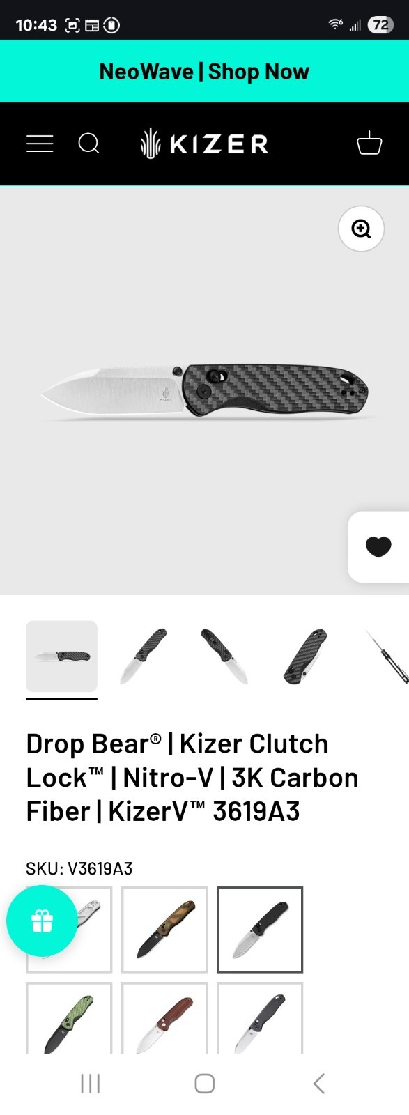 Kizer Drop Bear V3619A3 Pocketknife Nitro-V Drop Point Plain Clutch Lock CF