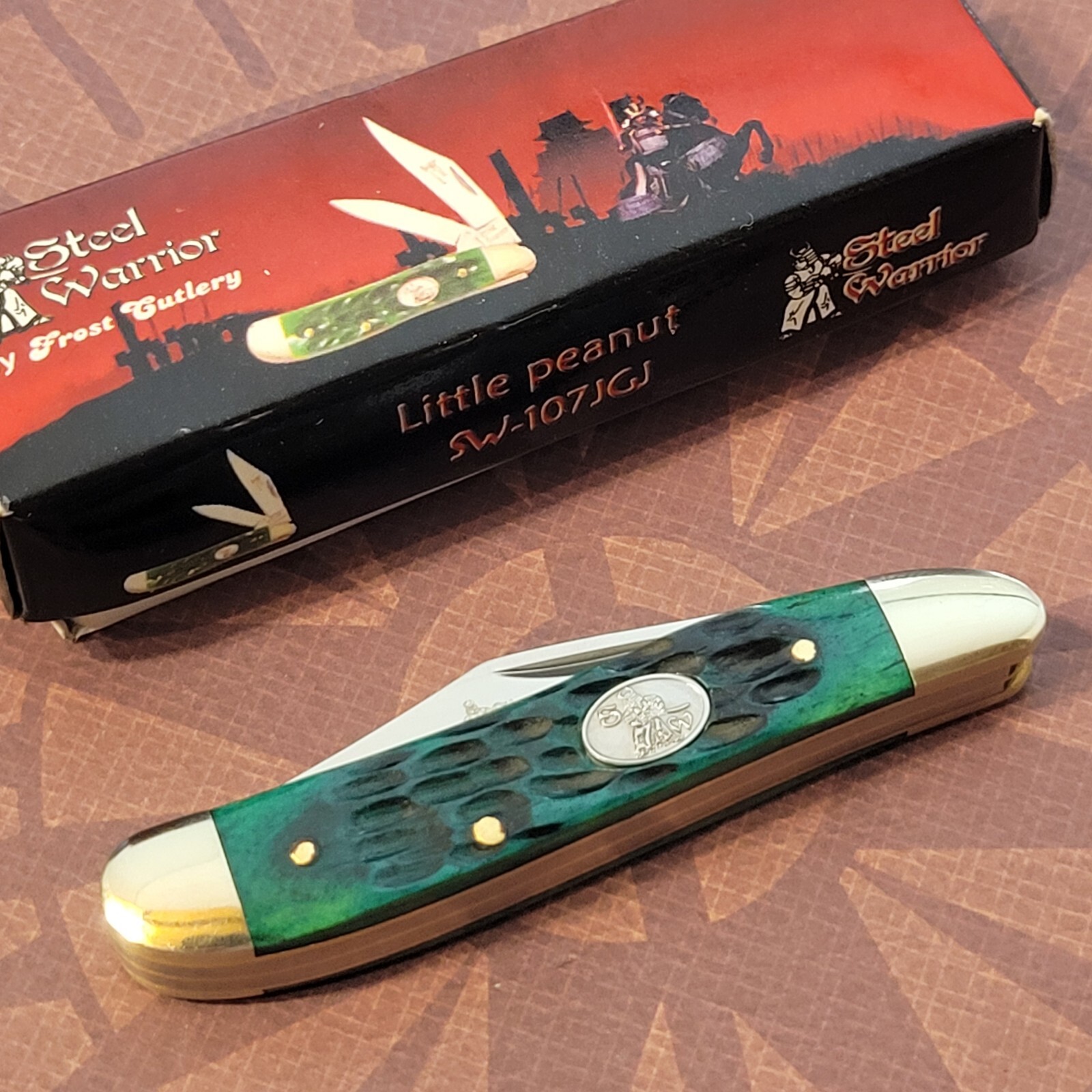STEEL WARRIOR Knife 2 Blade Peanut JADE Jigged BONE Handles