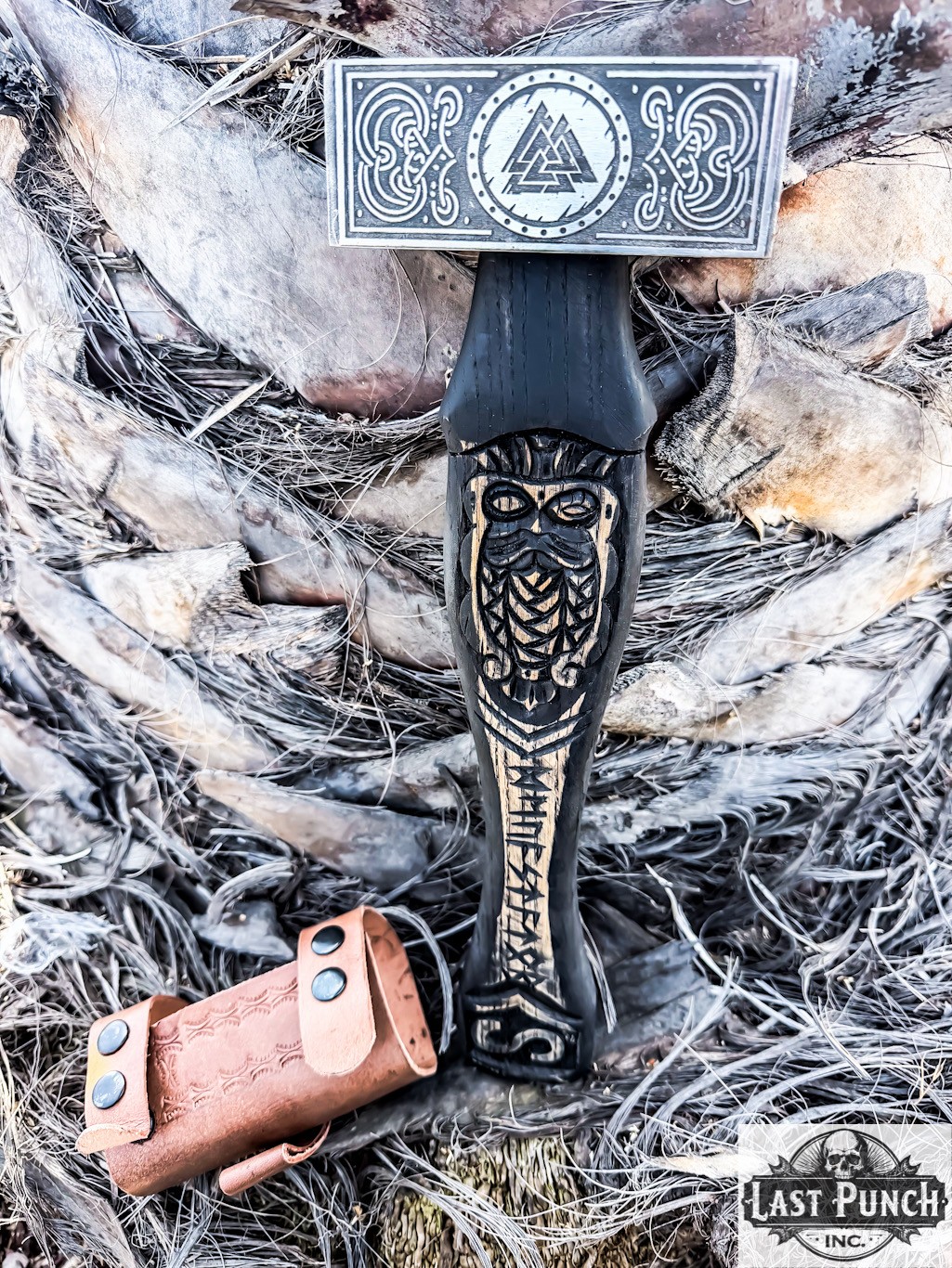 15″ Handmade Viking Forging Hammer Engraved Wood Handle With Sheath
