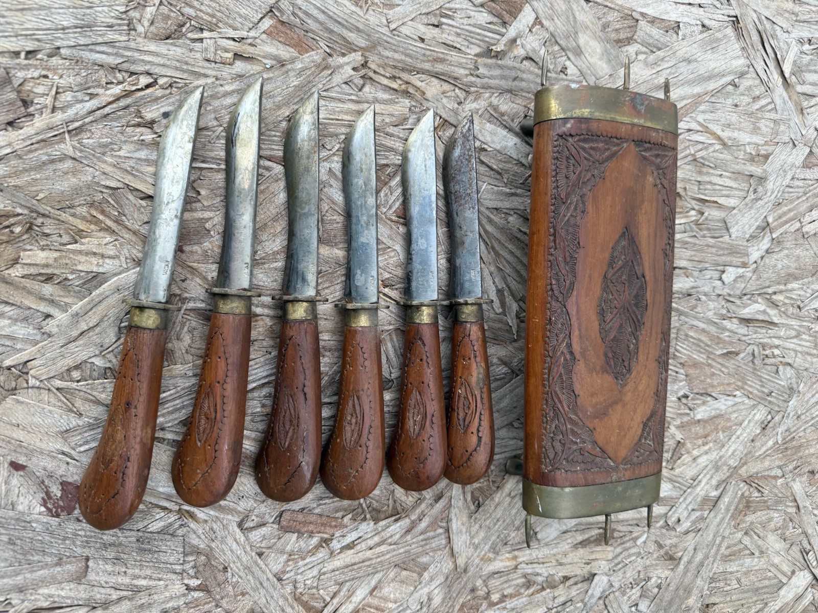 Vintage Ornate Brass And Wood Hand Crafted Knife Block 6 Knifes Made In India