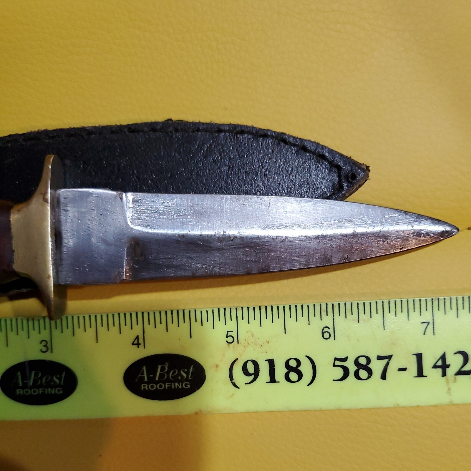Vintage 4″ Knife Dagger Wooden Handle Brass Pommel and Hilt with Leather Sheath