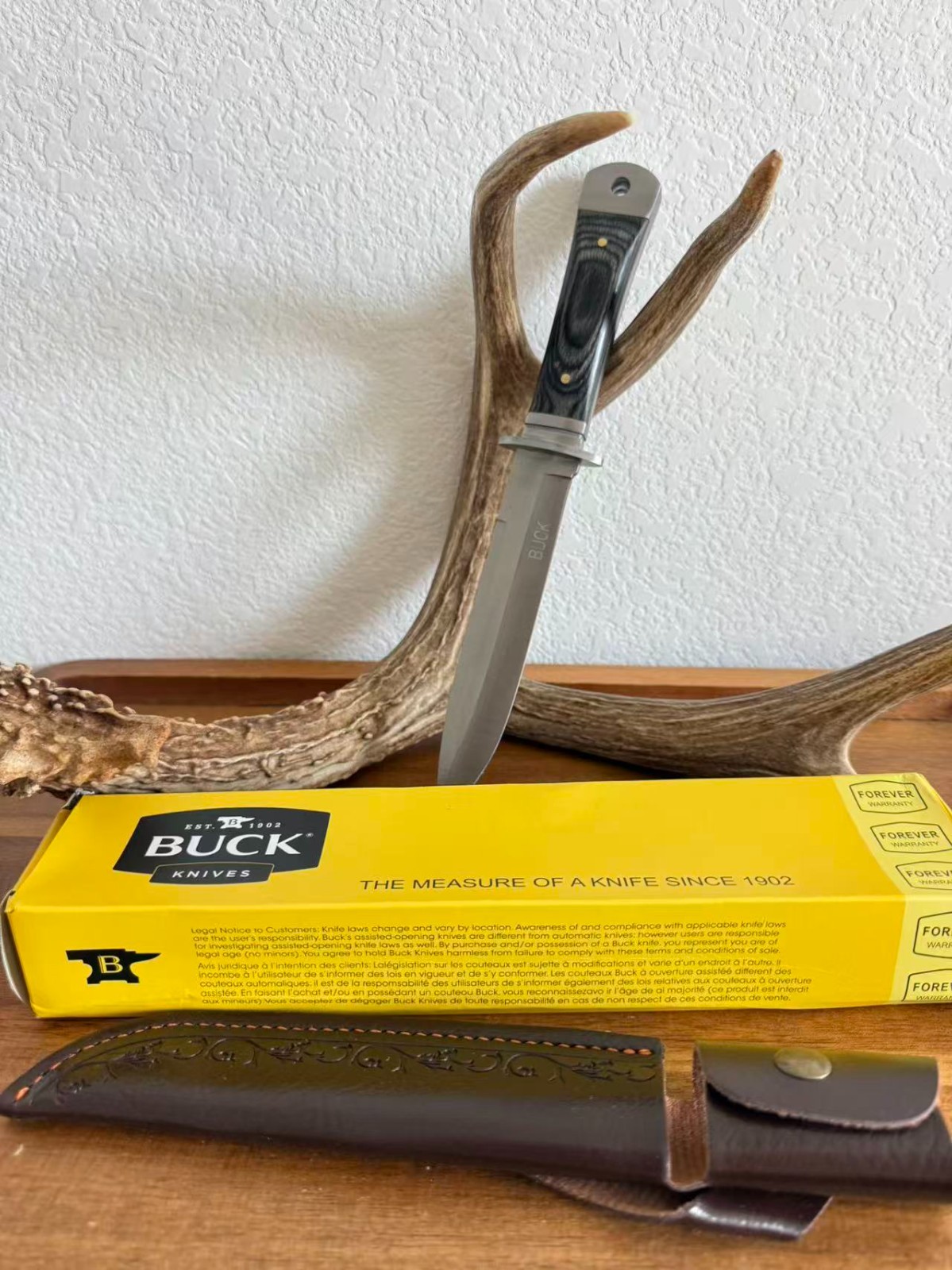Buck Fixed Blade Hunting Knife Black Wood Handle Leather Sheath New Box