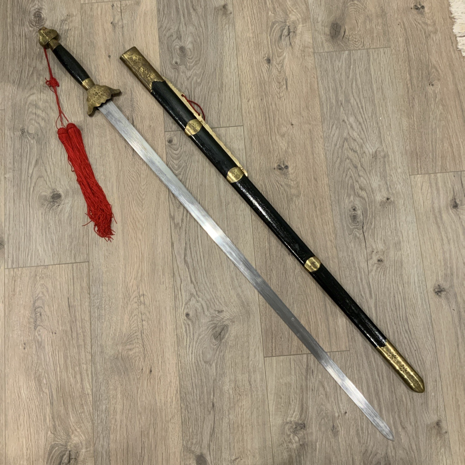 Chinese Sword Jian With Wooden Scabbard and Brass Fittings Tai Chi Kung Fu Wushu