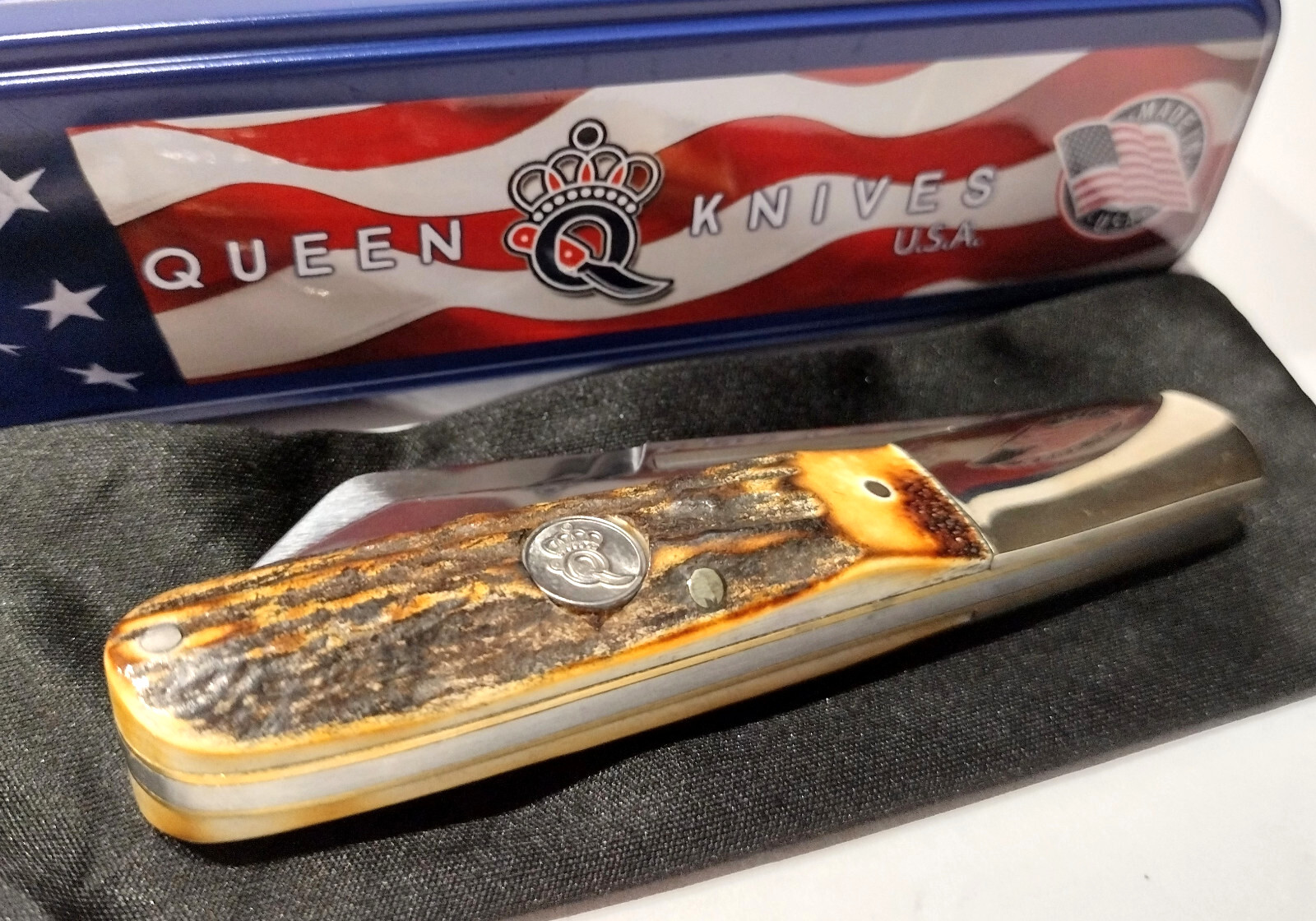 Queen USA 4″ Brown Burnt Stag Bone Barlow Slipjoint Folding Pocket Knife QGSH180