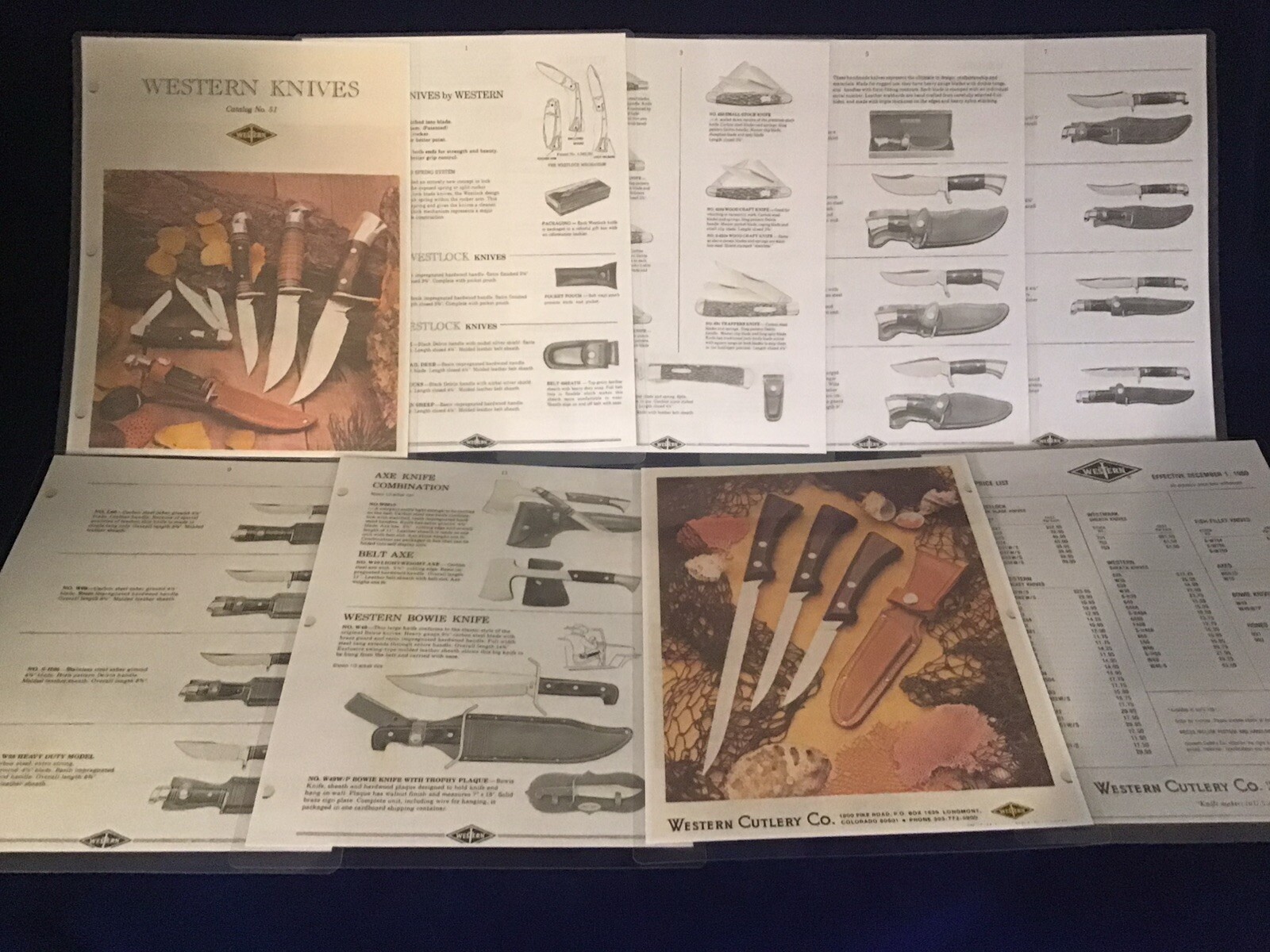 VINTAGE 9 PAGE LAMINATED COPY OF 1980 #51 WESTERN QUALITY CUTLERY KNIVES CATALOG