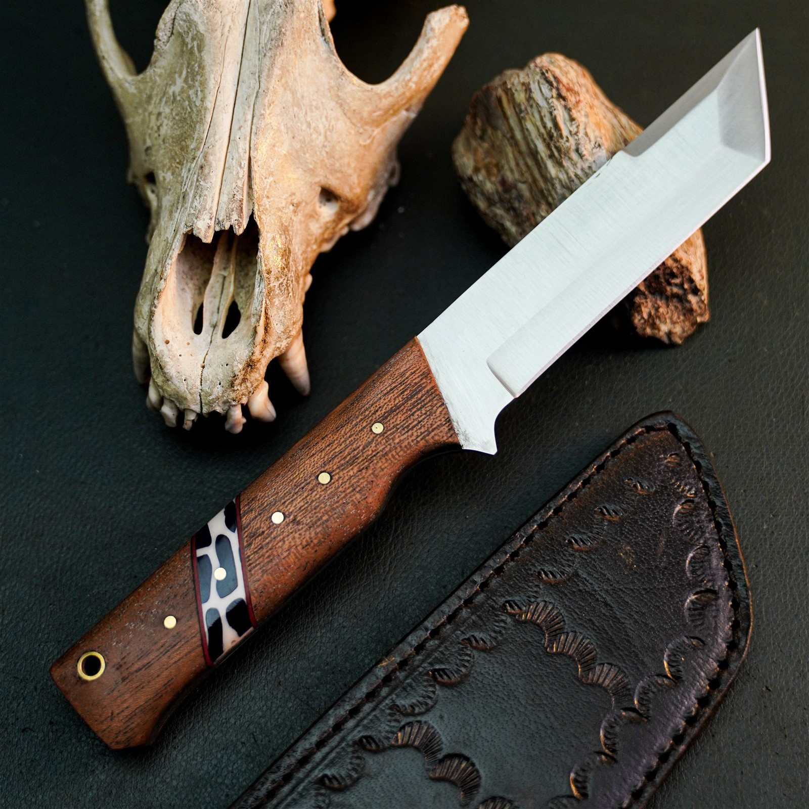 9.0″ Hunting EDC Stainless Knife Handmade Full Tang Wood Handle + Sheath