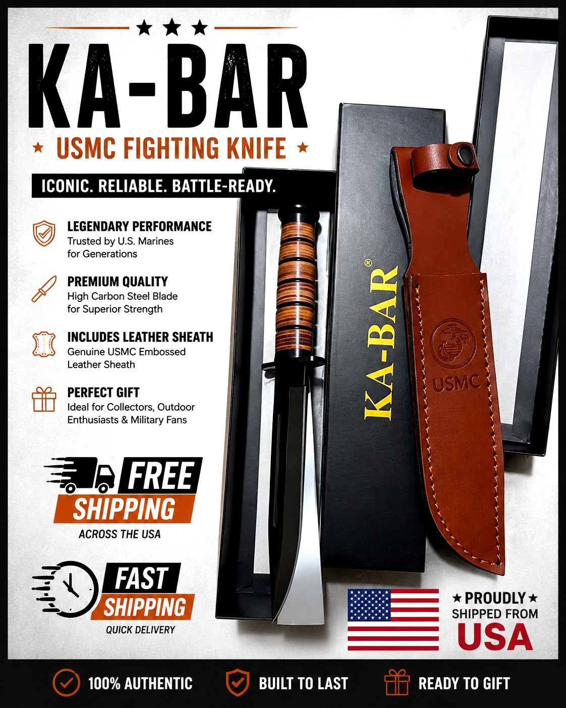 New KaBar 1217 Fighting/Utility Knife USMC Leather Sheath Straight Edge