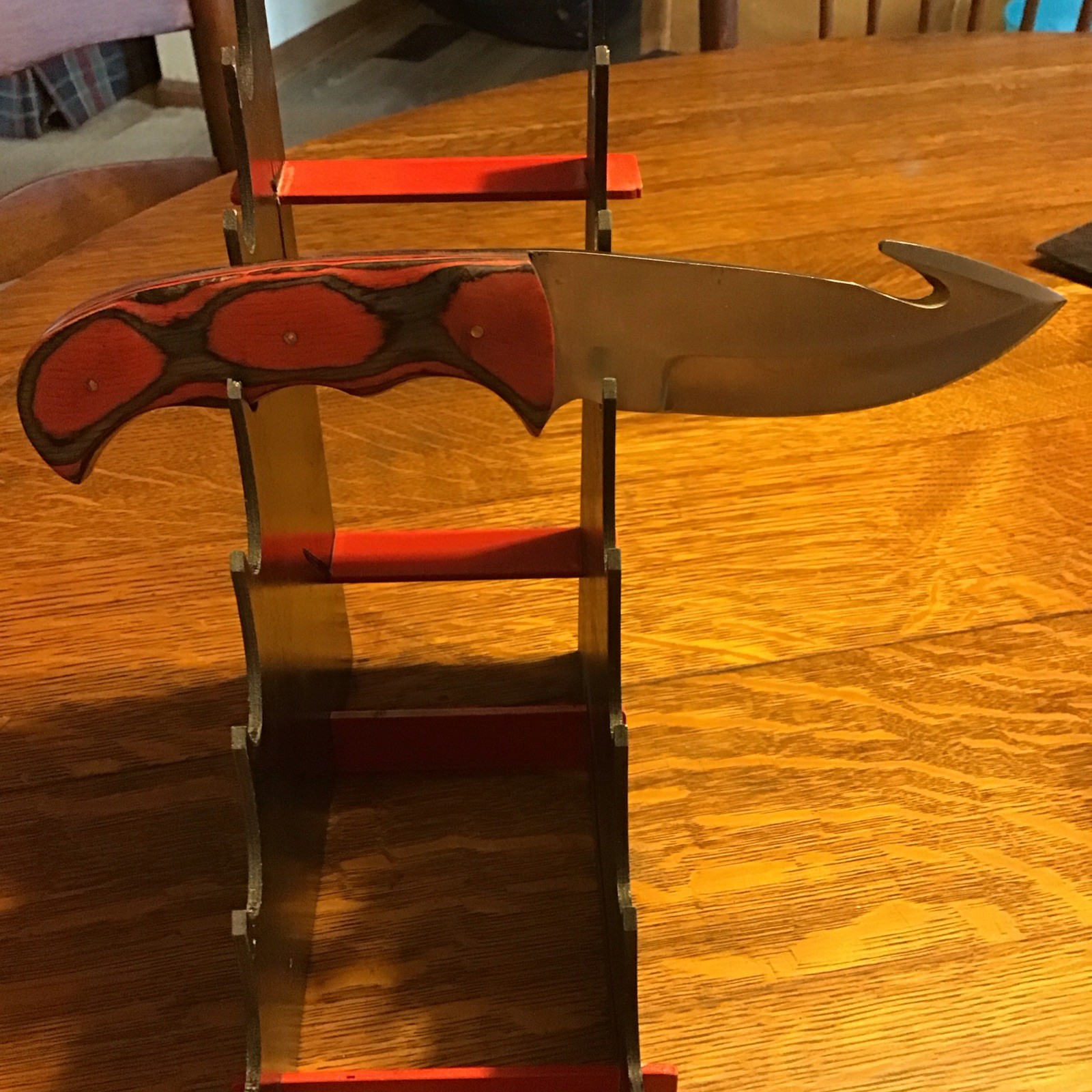 Hunting Knife Wood Handle Stainless Steel Drop Point Blade Gut Hook Over 5in