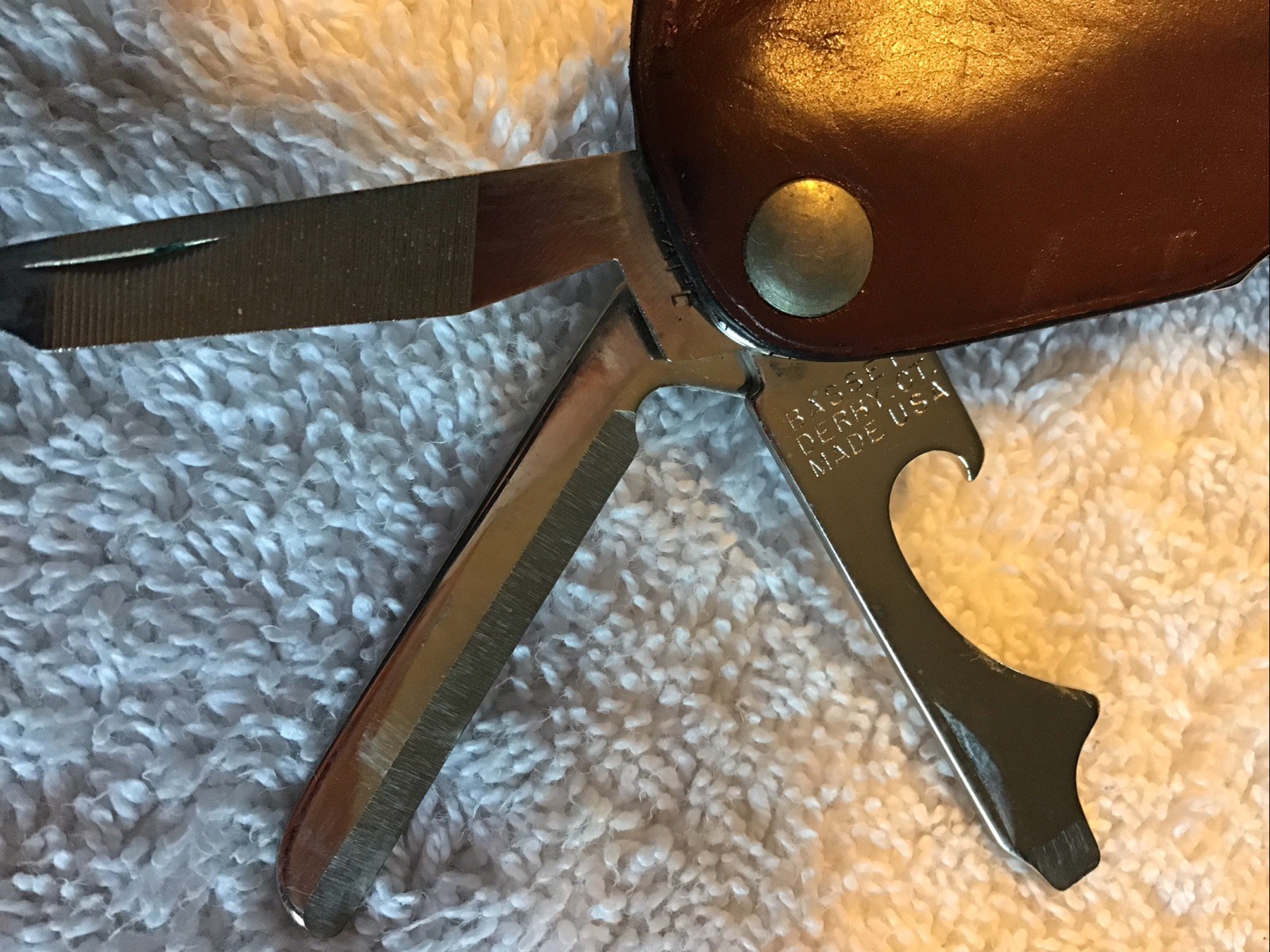 Bassett Pocket Knife Nail File Opener Leather case & Nail clipper Branded “LAYS”