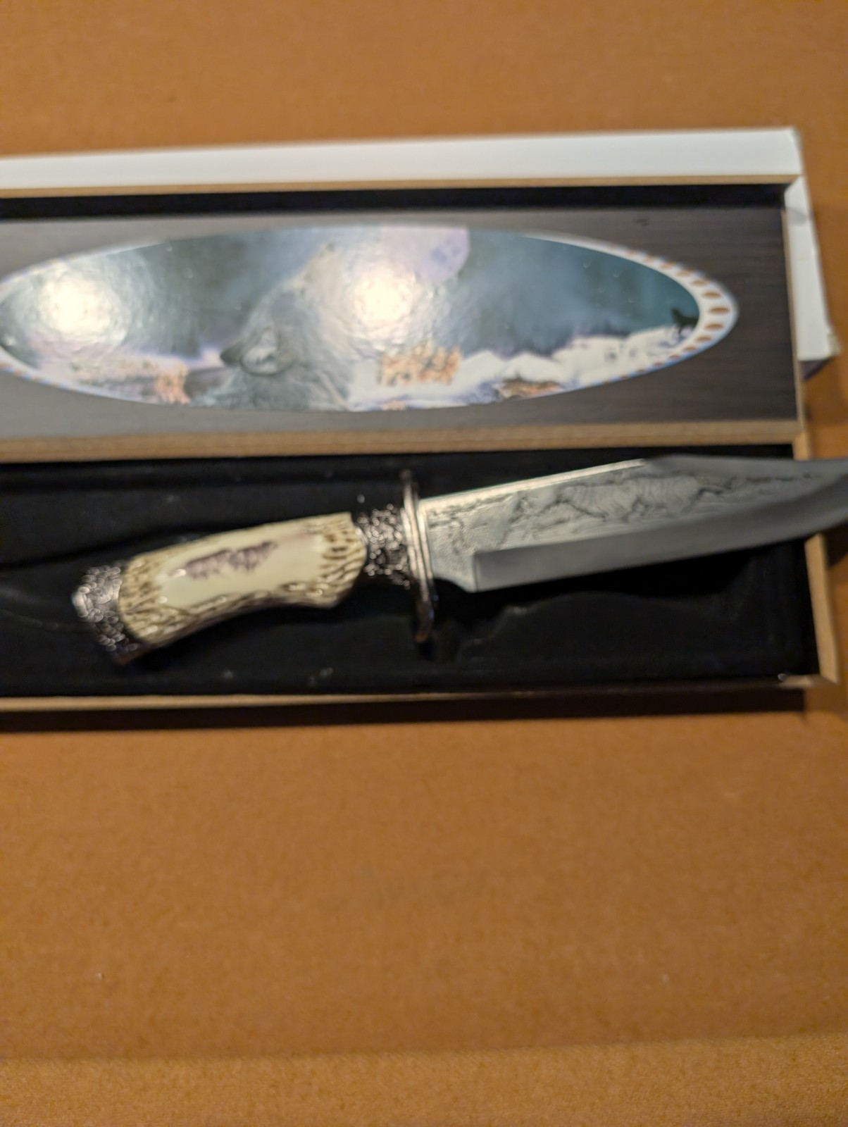 “Wolf” Decorative Wildlife Knife With Carved Resin Handle. 11” Overall. In Box.