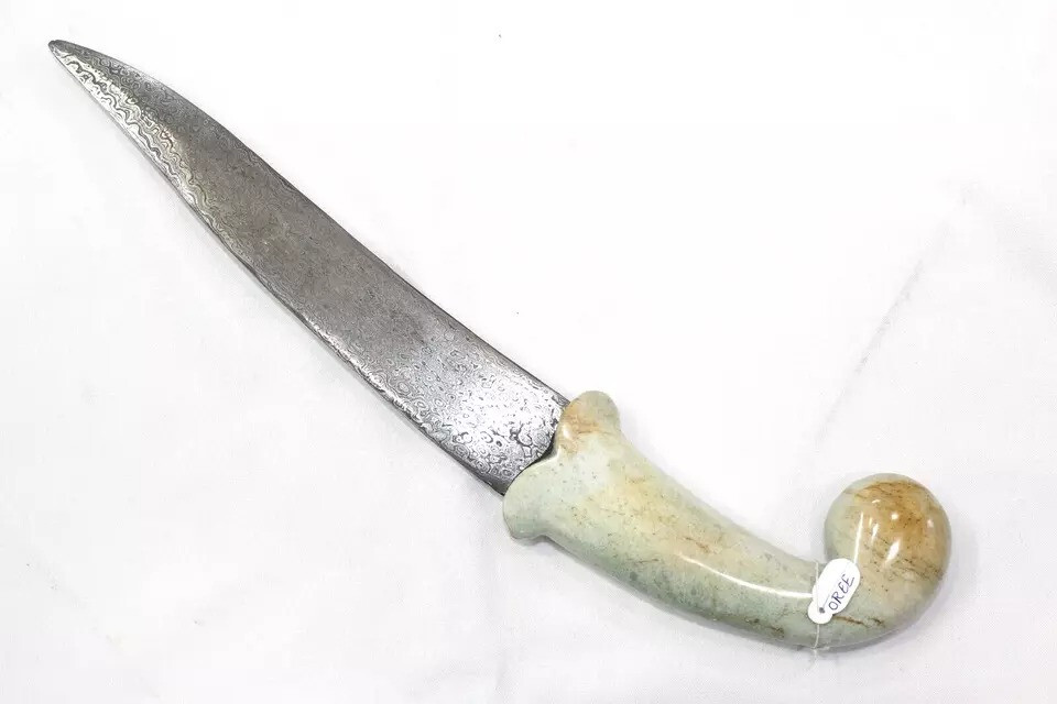 Dagger Knife Damascus Steel Blade Silver Koftgiri Aventurine Stone Handle E78