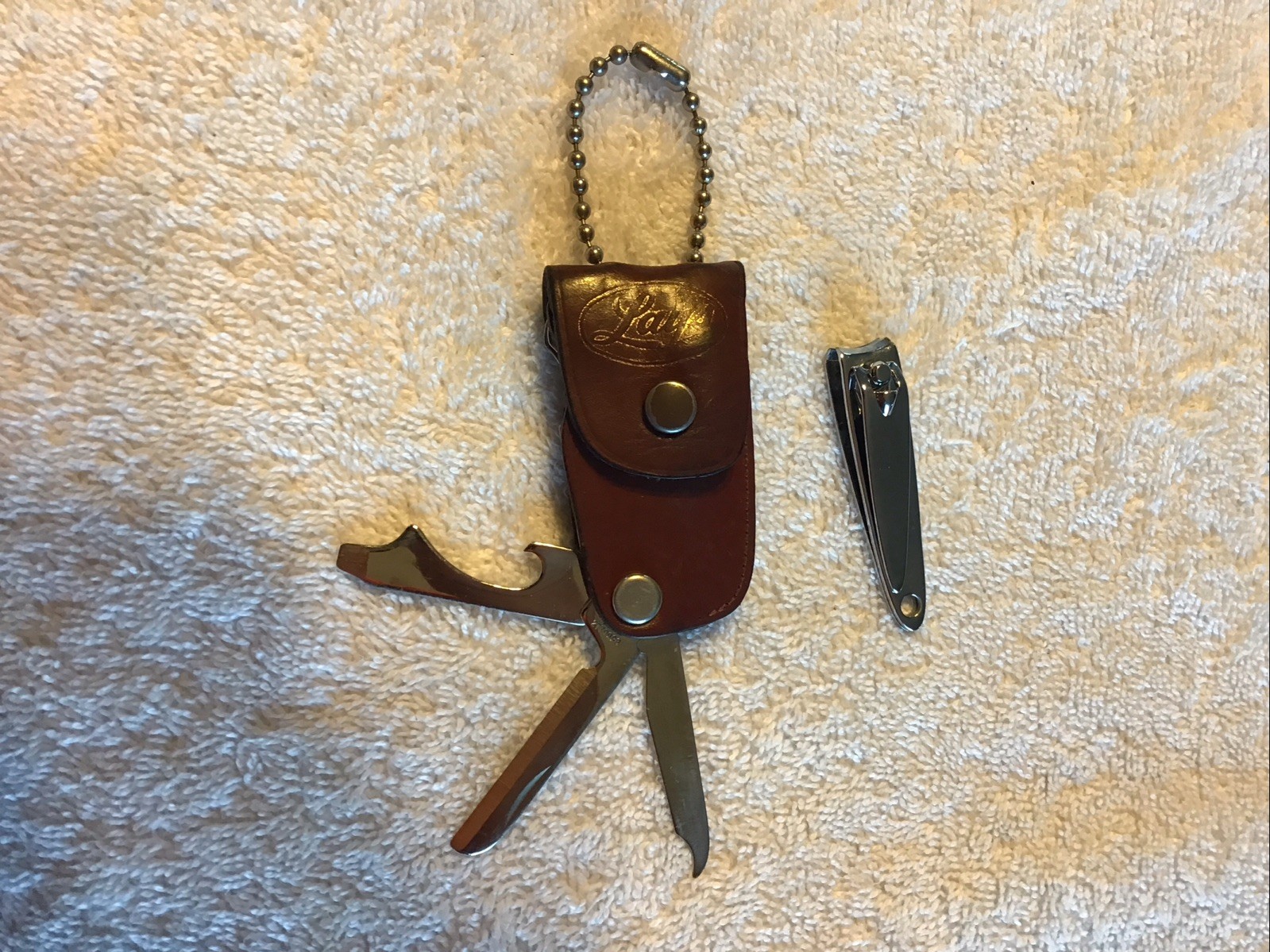 Bassett Pocket Knife Nail File Opener Leather case & Nail clipper Branded “LAYS”