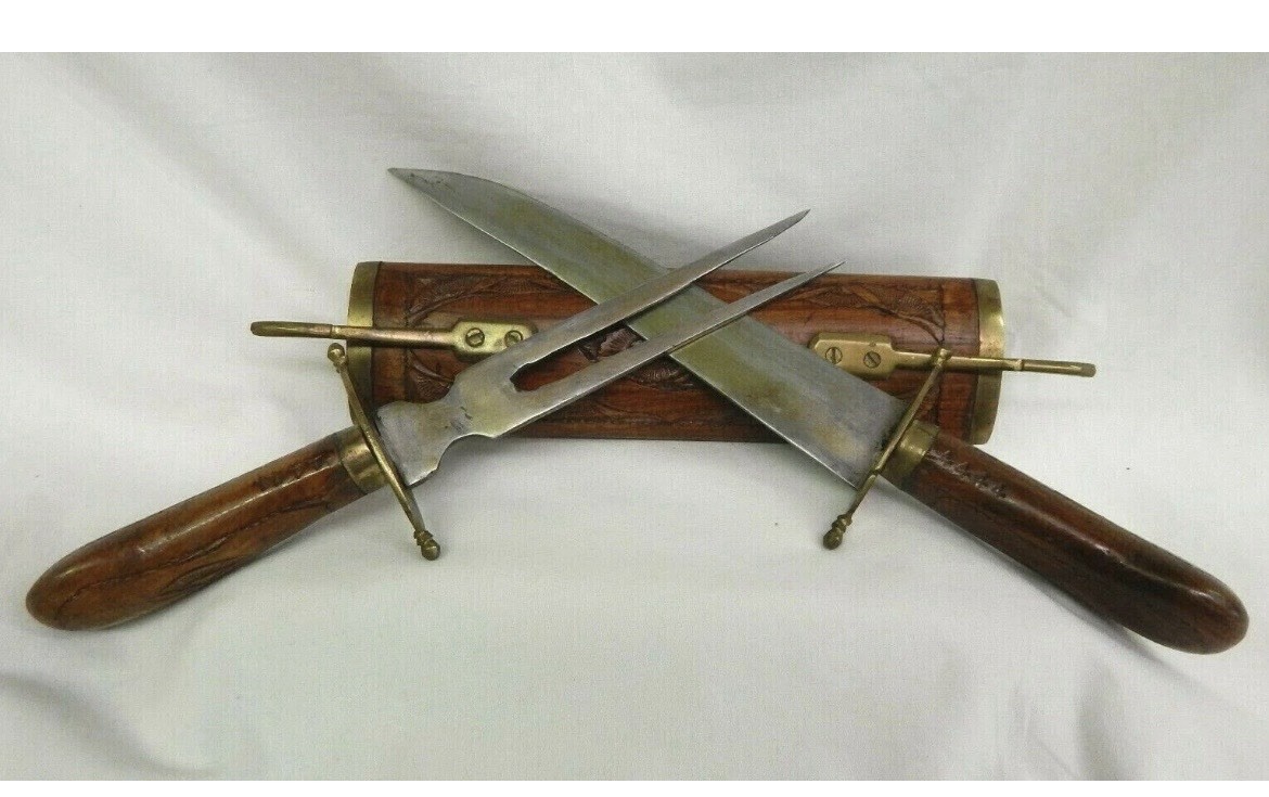 Antique Vintage Brass & Hand Carved Wood Sheath Carving Knife and Fork Set India
