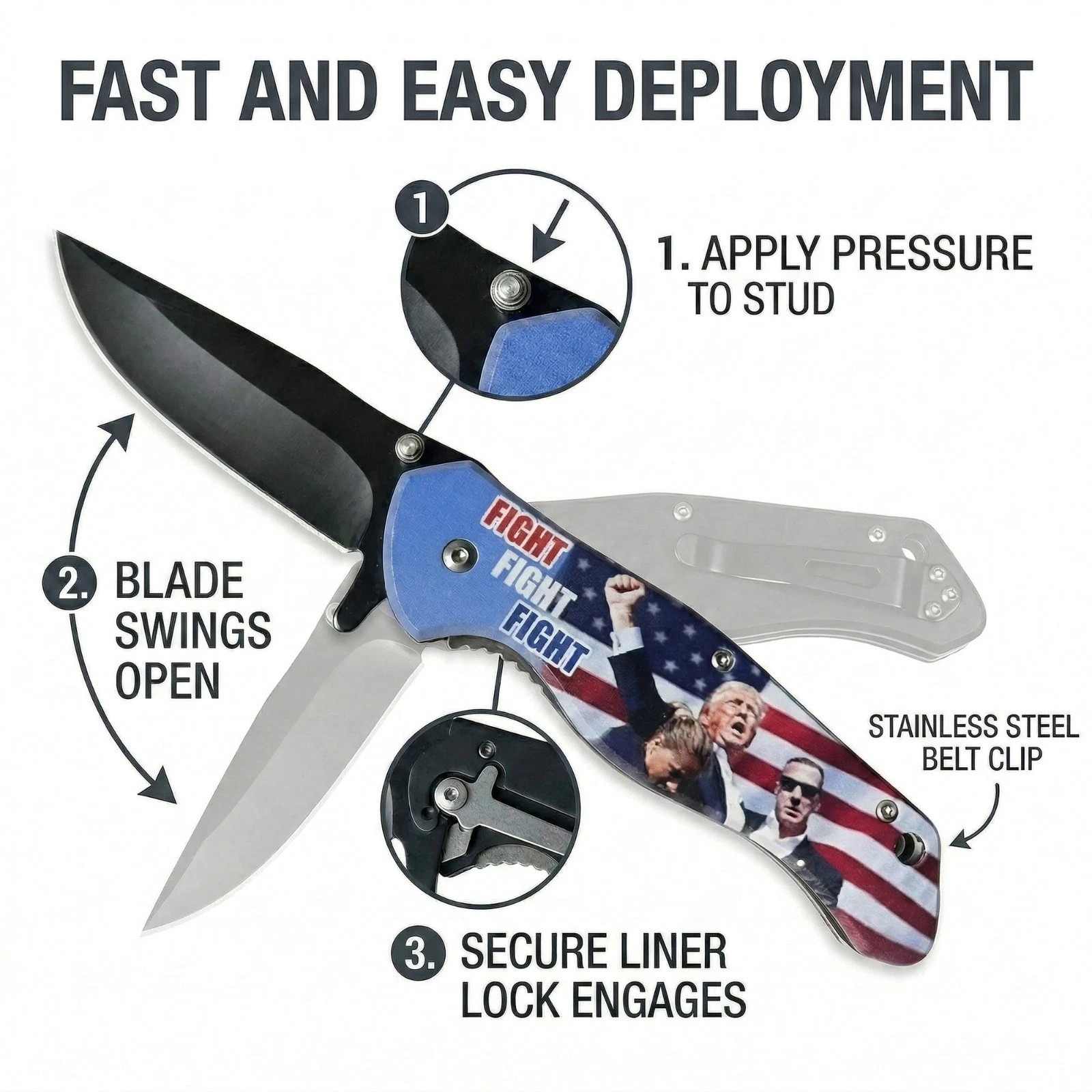 Trump 2024 Fight Spring Assisted Stainless Steel pocket knife with Belt Clip