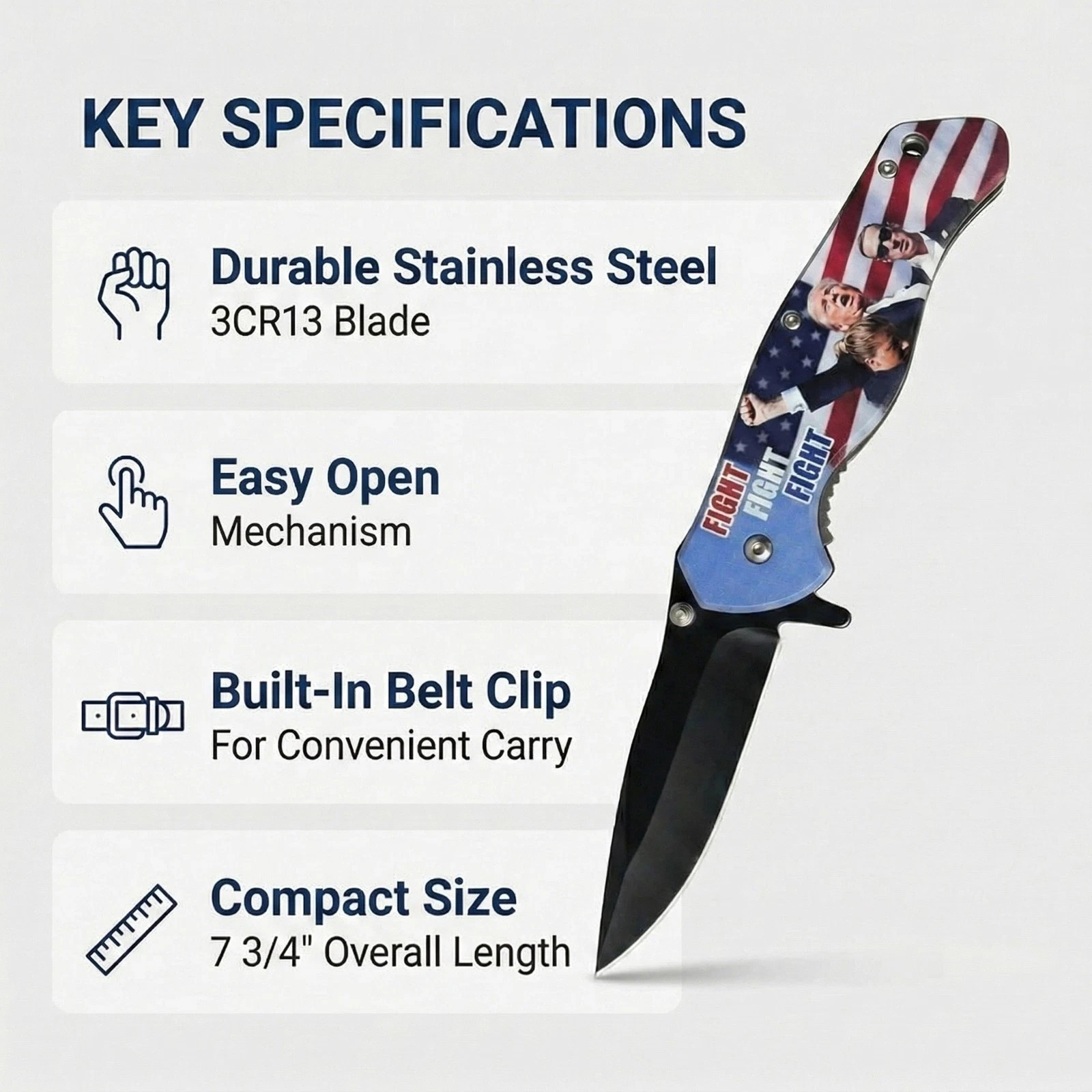 Trump 2024 Fight Spring Assisted Stainless Steel pocket knife with Belt Clip