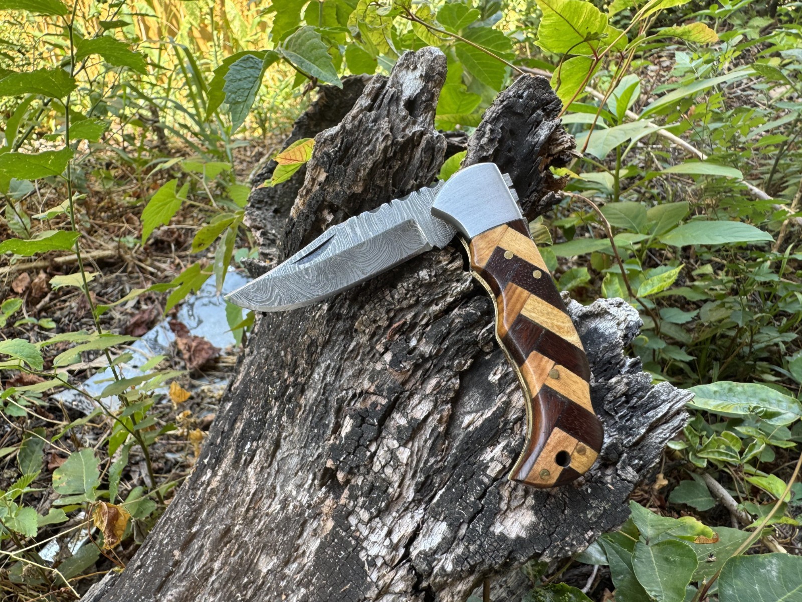Pocket Knife Folding Survival Hunting Knives Damascus Steel Wood Handle
