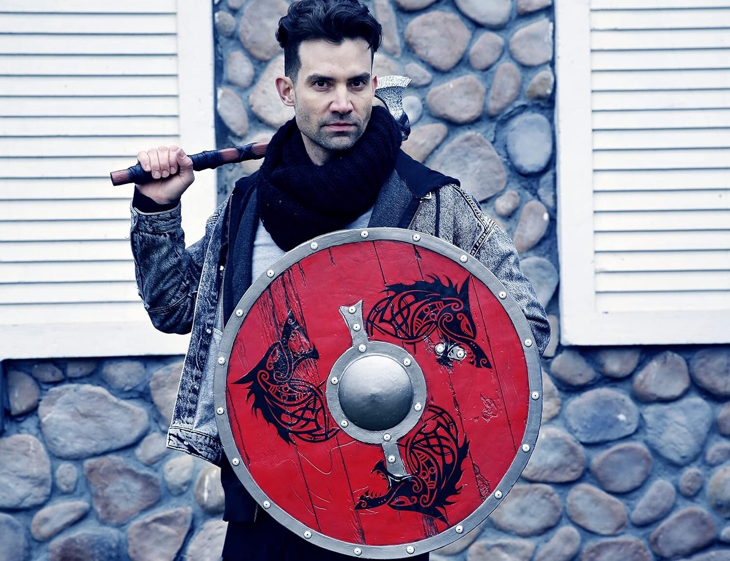 Red Warrior Carved Viking Shield: Handcrafted/Carved 24-Inch Wood and Metal
