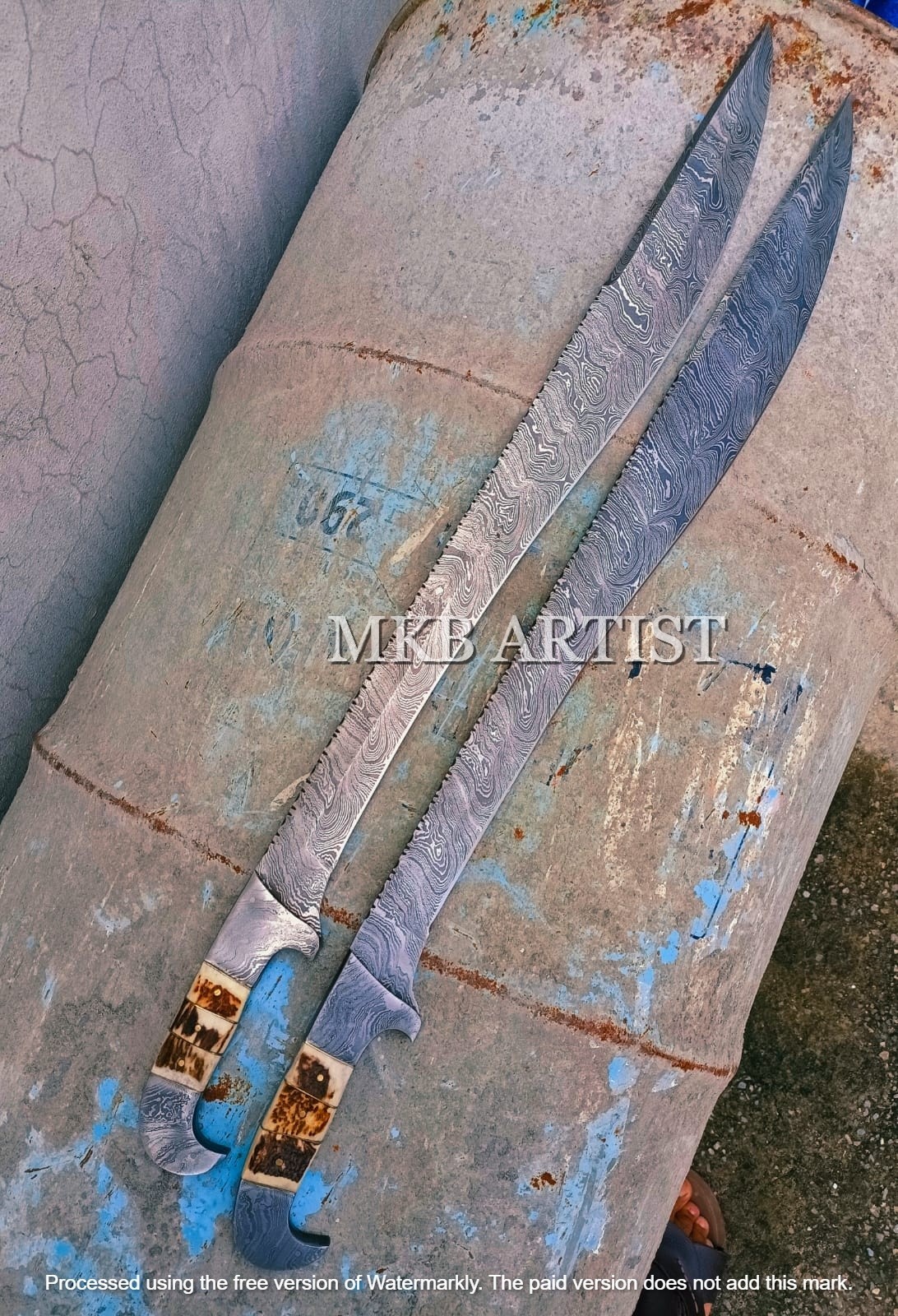 CUSTOM HANDMADE DAMASCUS STEEL SWORD HUNTING PAIR MACHETE BLADES STAG HANDLE