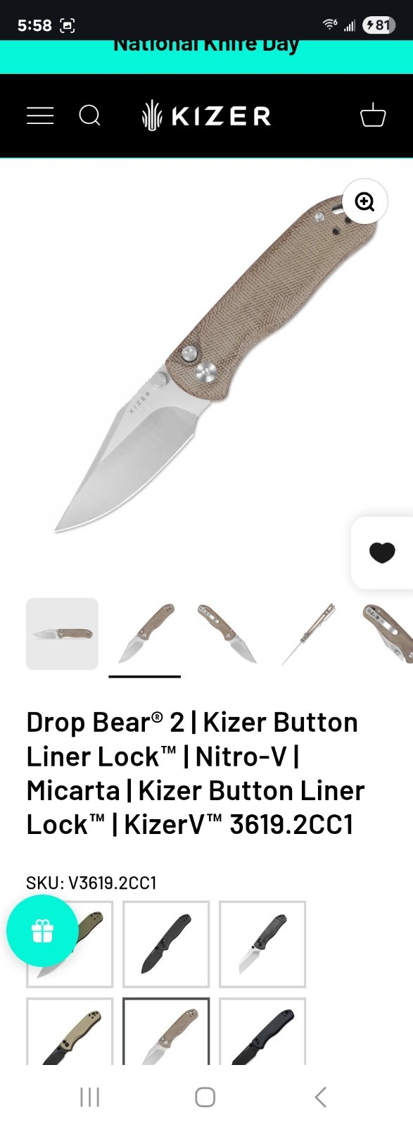 Kizer Drop Bear 2 Pocketknife Nitro-V Clip Point Plain Liner Lock Brown Micarta