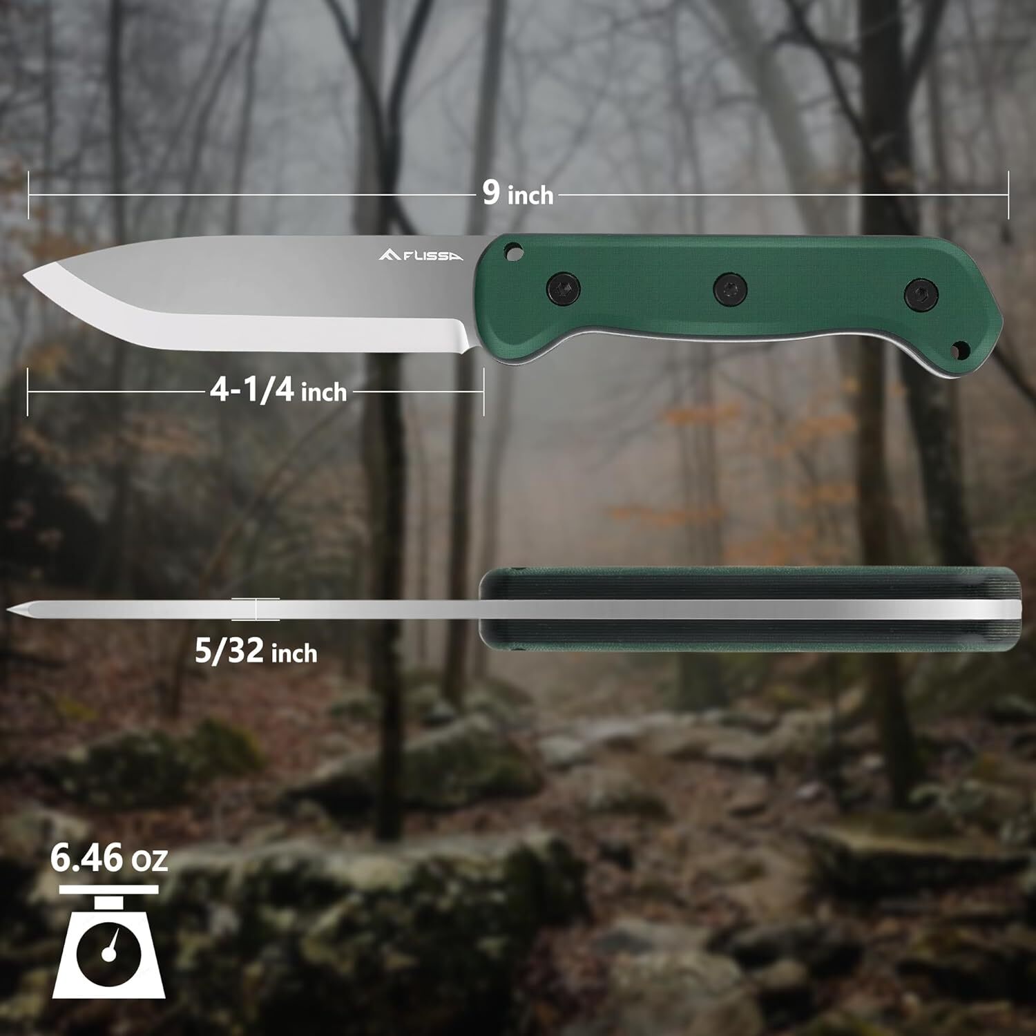 FLISSA 9″ Fixed Blade Knife, D2 Steel Leather Sheath Included Drop Point NEW