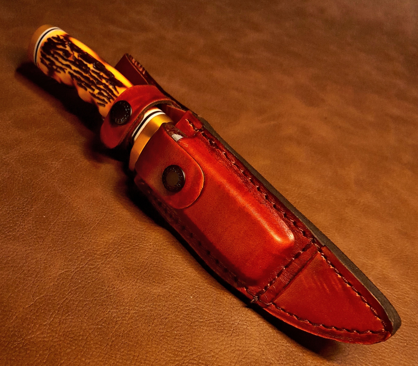 9 1/2″ Schrade Uncle Henry Golden Spike Knife w/Sheath, Stone & Staglon Handle