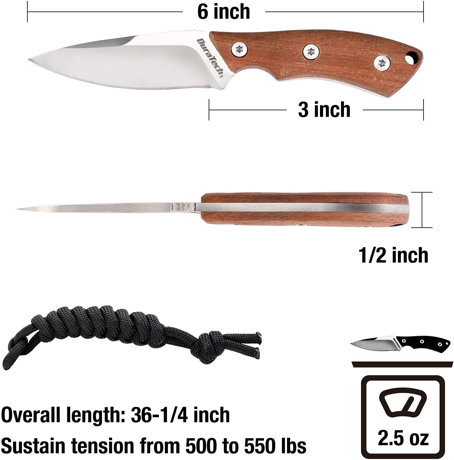 DuraTech 6″ Compact Fixed Blade Neck Knife 3″ Blade EDC Full Tang Molded Sheath