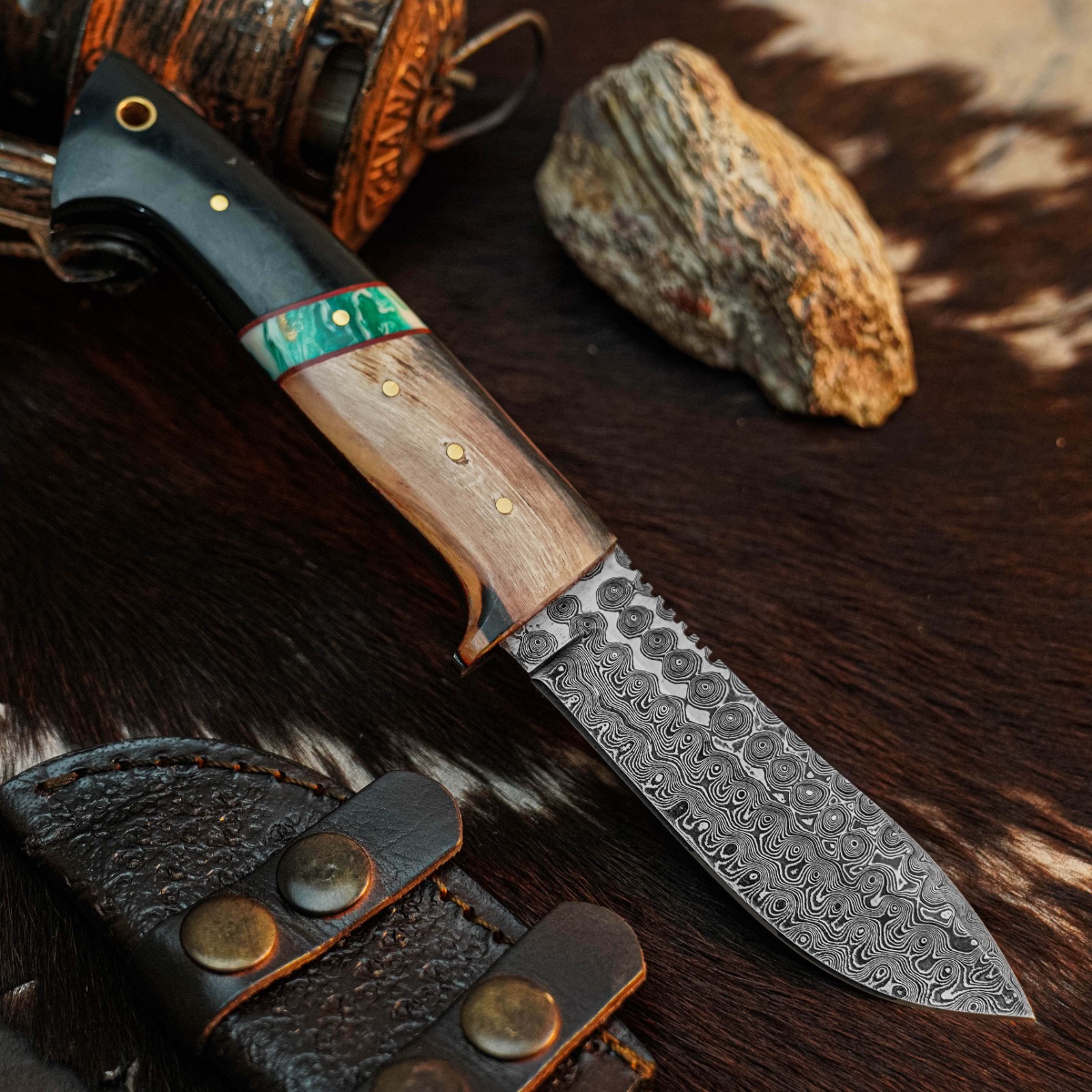 8.7″ Clip Point Knife Damascus Hunting EDC Full Tang Blade Hybrid Handle