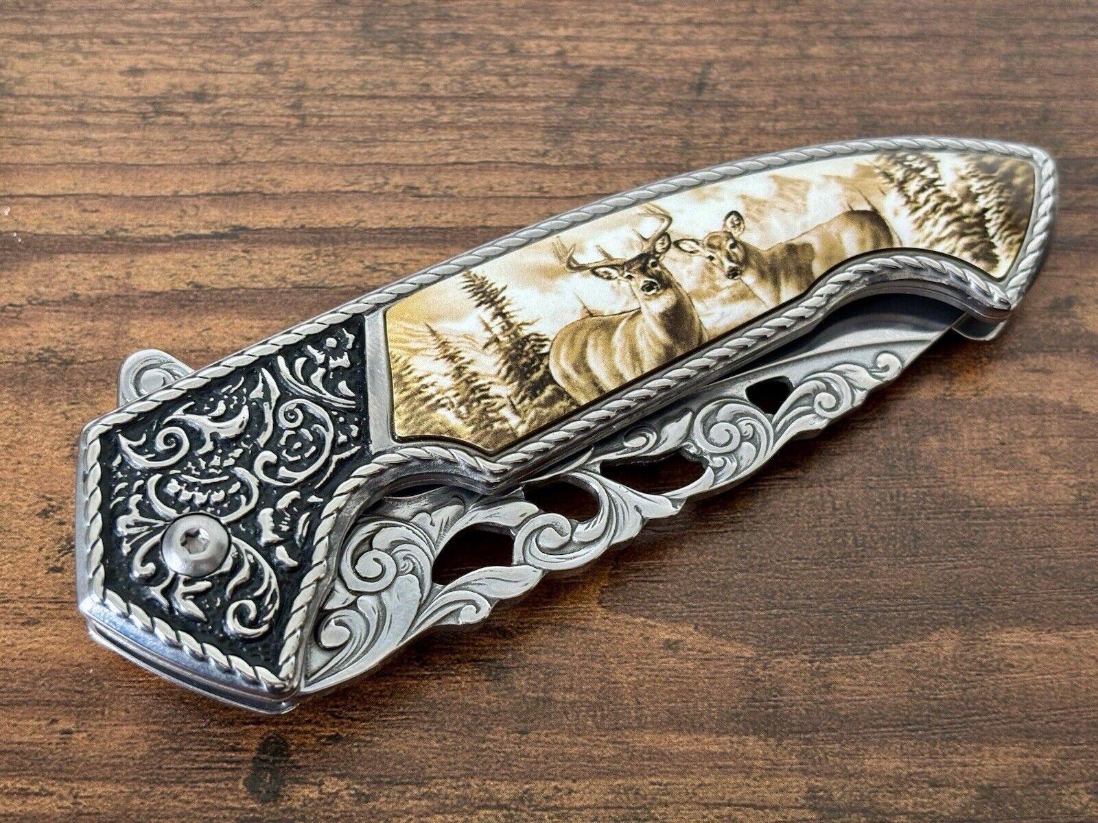 Deer Wildlife Gift Box Knife Stainless Steel Engraved Ornate Faux Ivory Handle